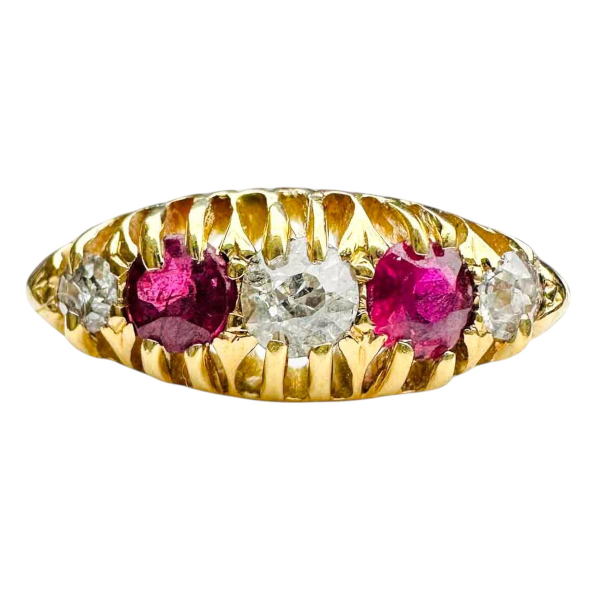 Edwardian boat ring with two rubies alternated with three diamonds