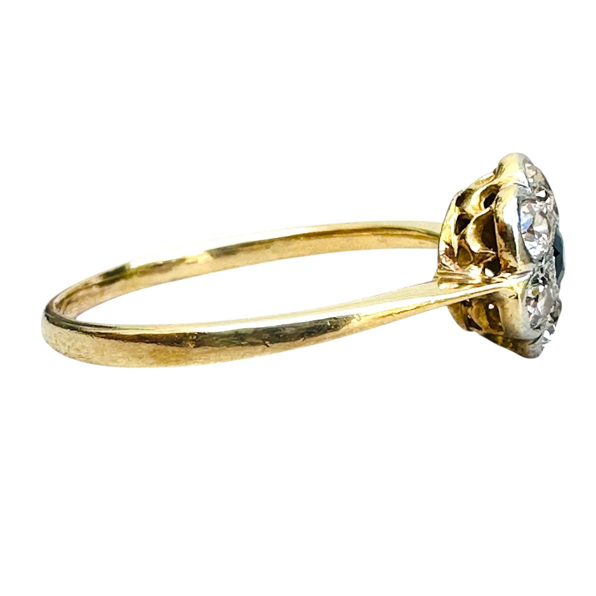 Art Deco 18k gold Sapphire and diamond cluster daisy ring on white background, side view