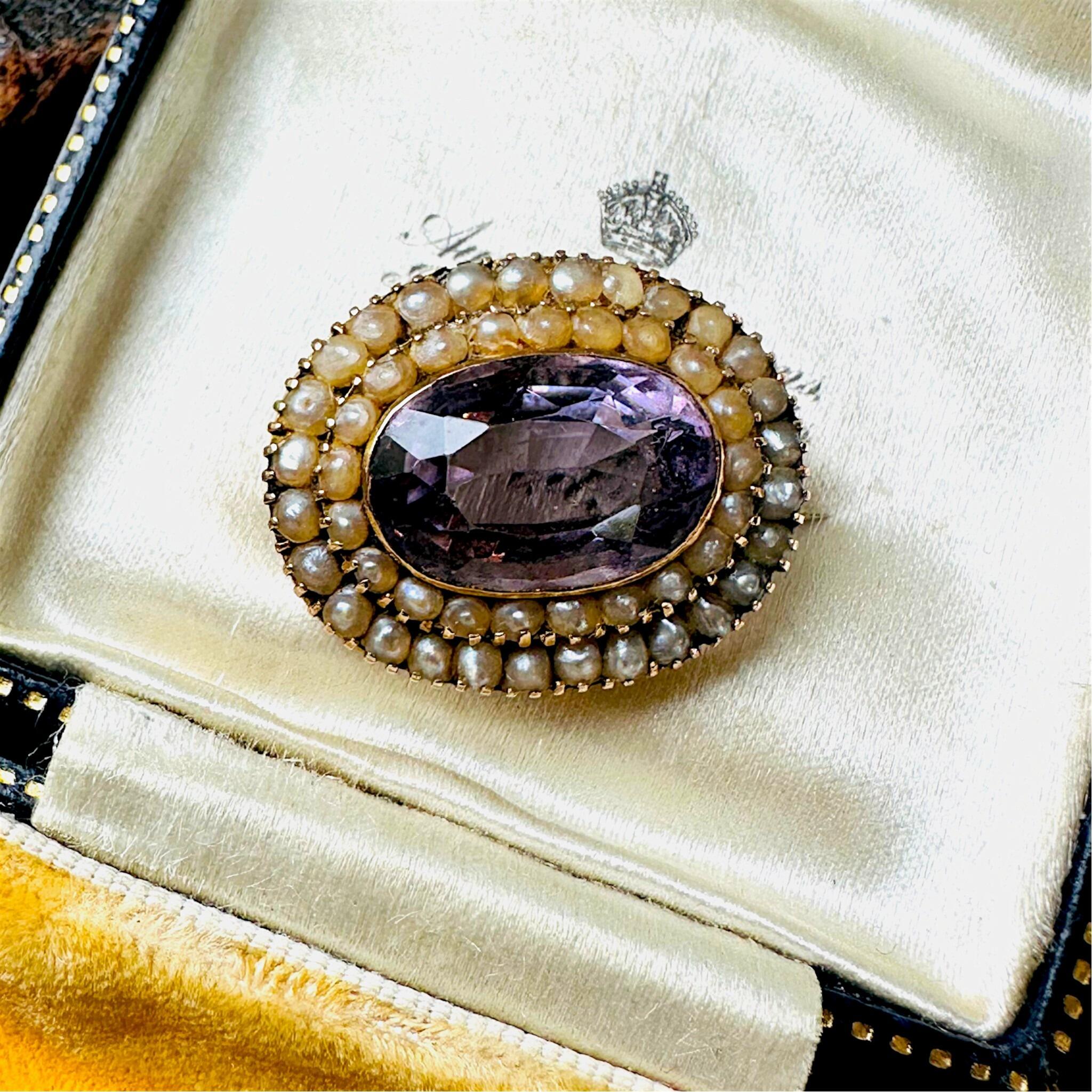 Antique Victorian Gold Rose de France Amethyst & Seed Pearl Brooch laying inside on antique box