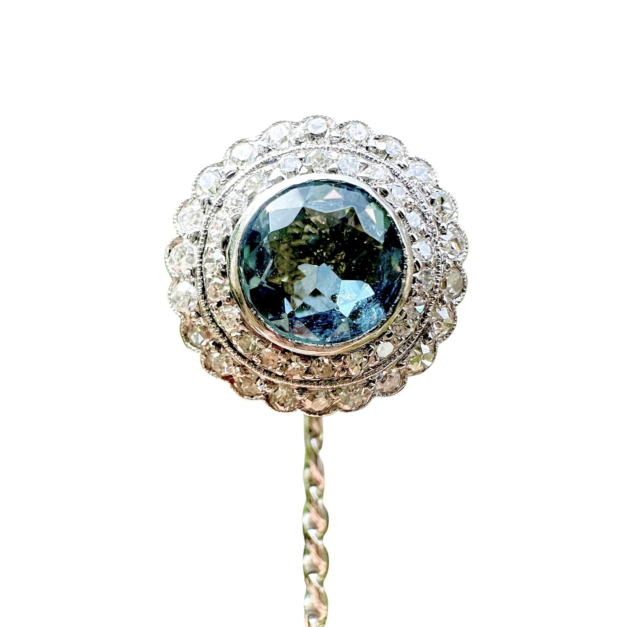 front view of Antique Art Deco Platinum Blue Zircon & Diamond Stick Pin with white background