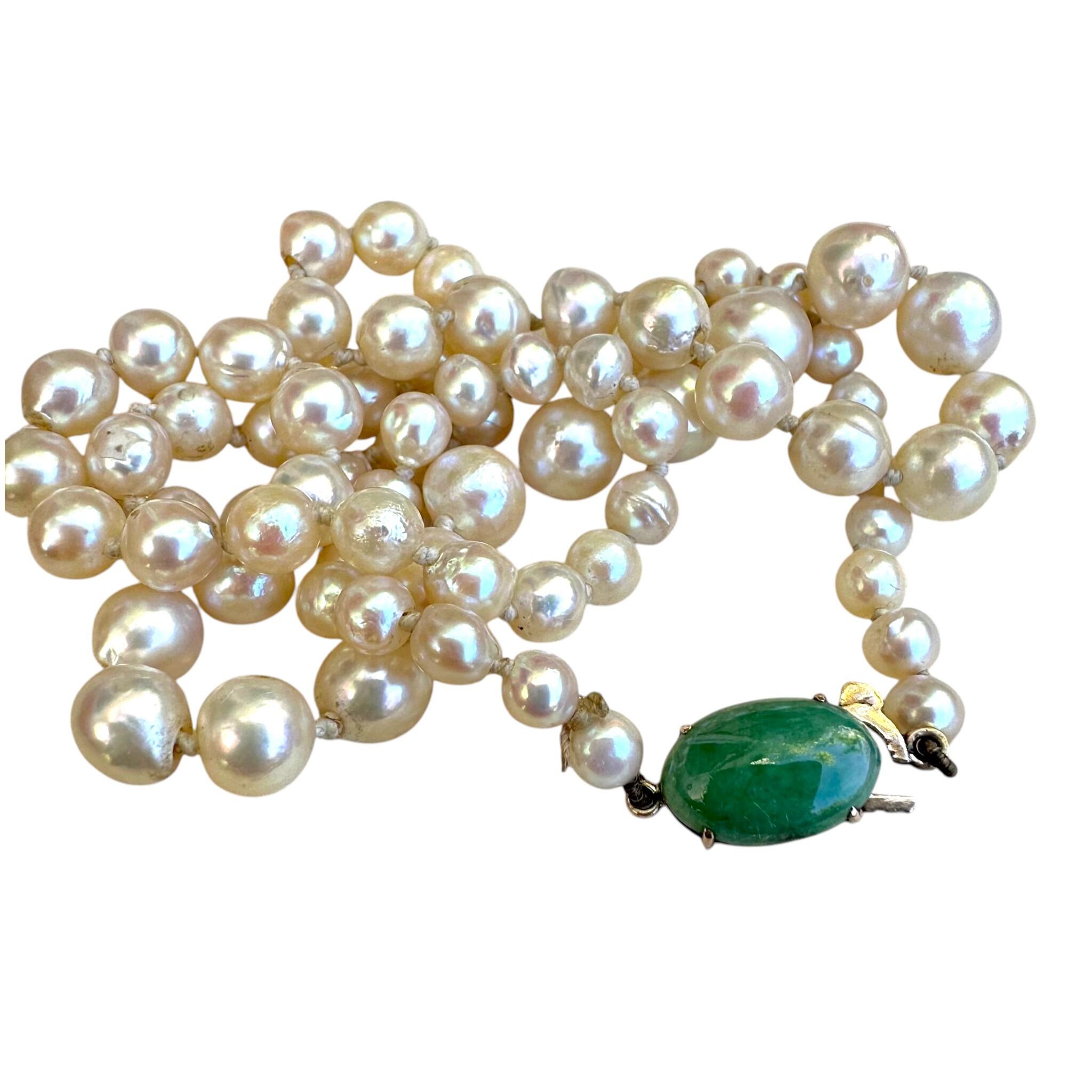 Antique Cultured Saltwater Baroque Pearl & 14k Gold Jadeite Clasp Necklace with white background