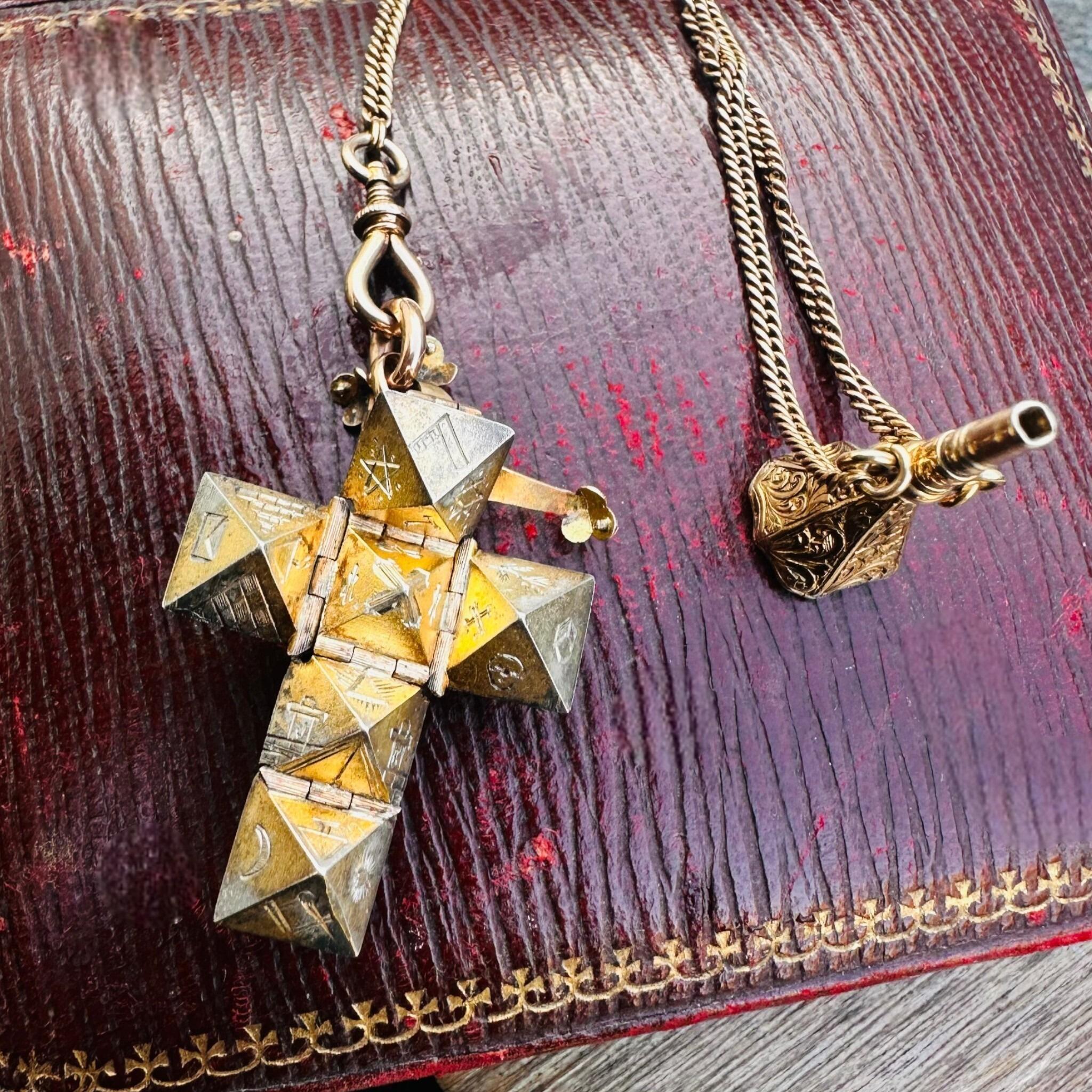 Rare Antique Rose Gold, Opening Hexagonal Cross Masonic Pendant & Bloodstone Watch Key Fob displayed on red antique box