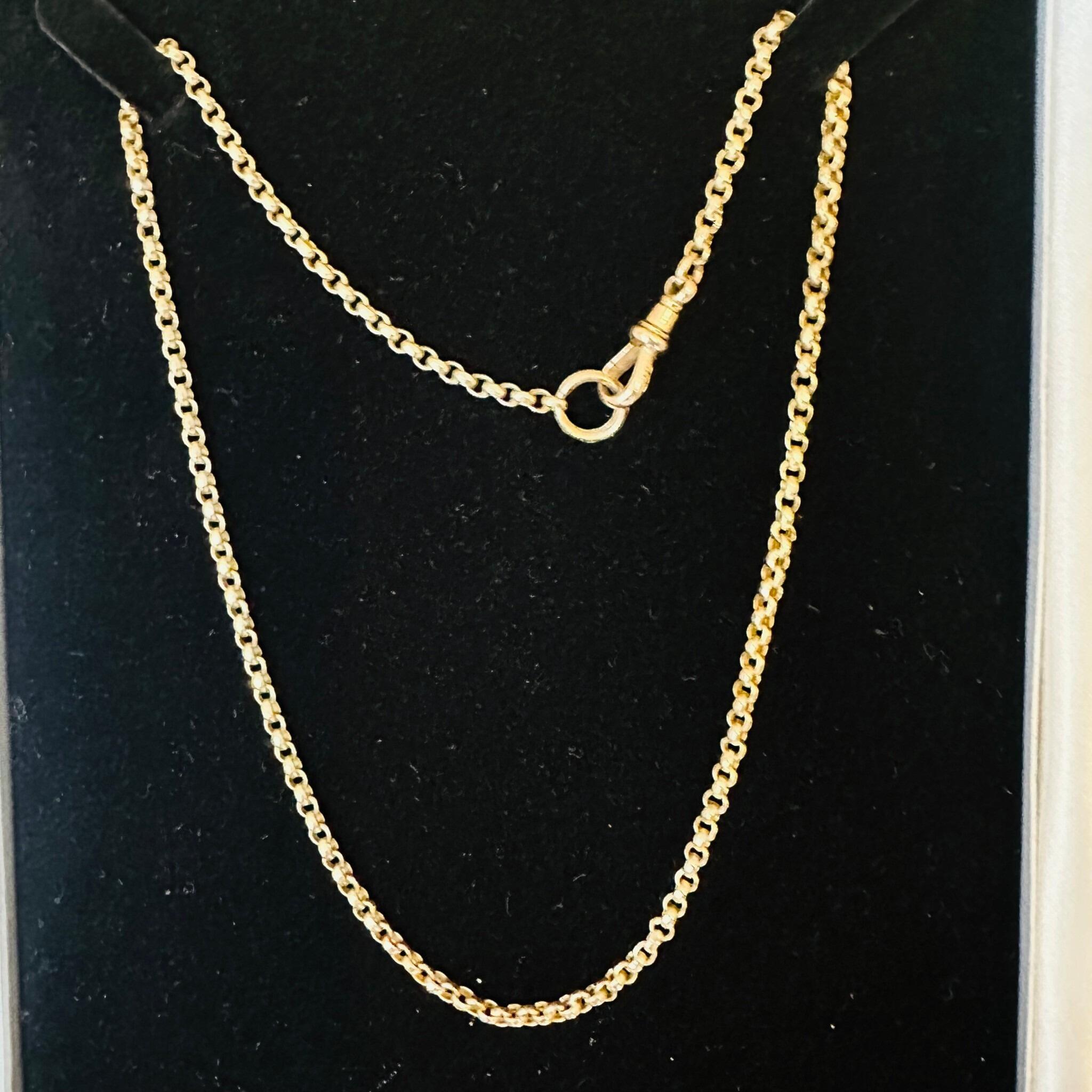 Antique Victorian 9ct Rose Gold Belcher Chain With Dog Clip & Split Ring clasp displayed on black velvet