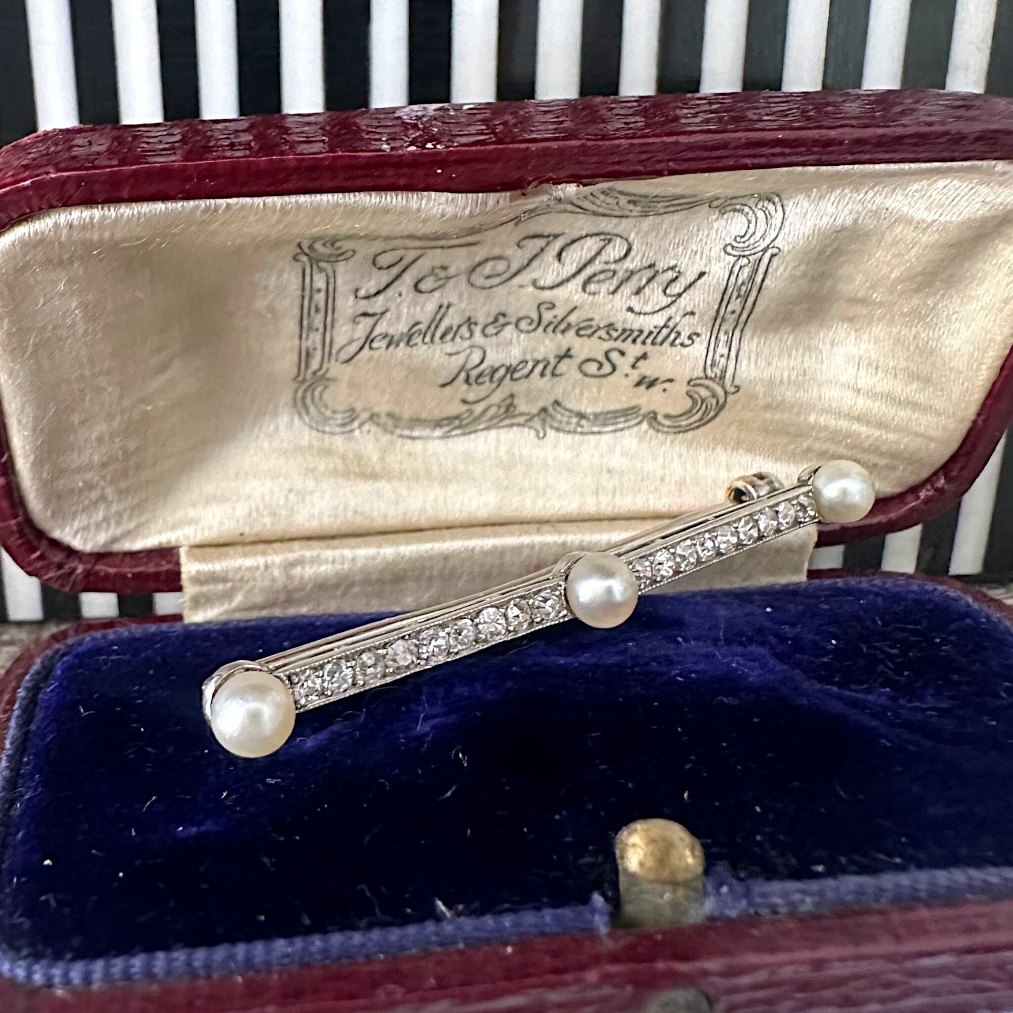 Antique Edwardian Platinum Diamond & Pearl Bar Brooch displayed in original box