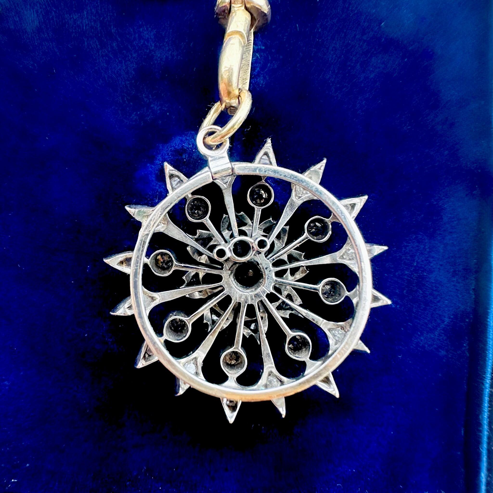 rear view of Antique Victorian Diamond Flower Pendant Brooch displayed on blue velvet box