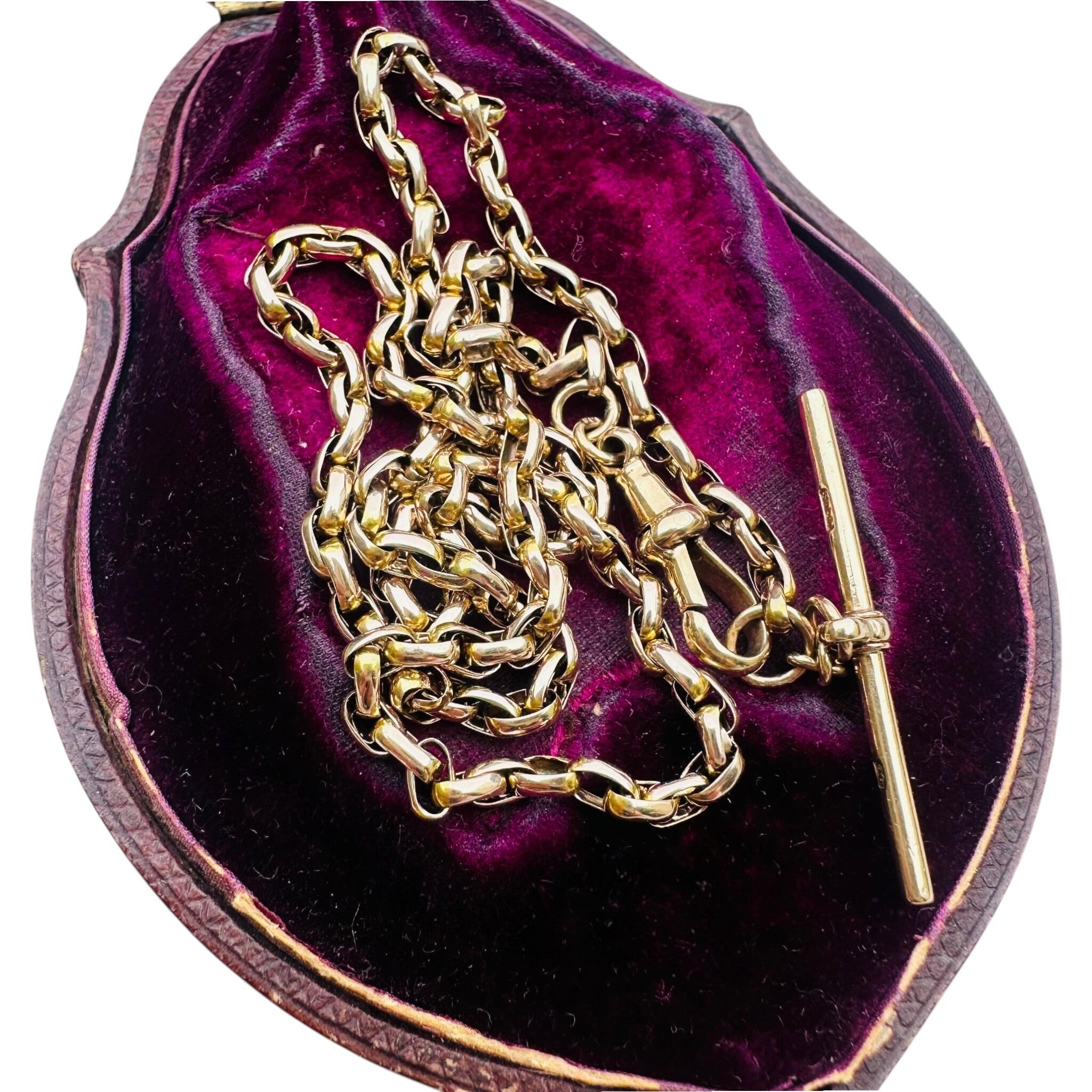 Antique Victorian Gold Bike Link Chain, Dog Clip & T-bar Clasp displayed on antique box, with white background