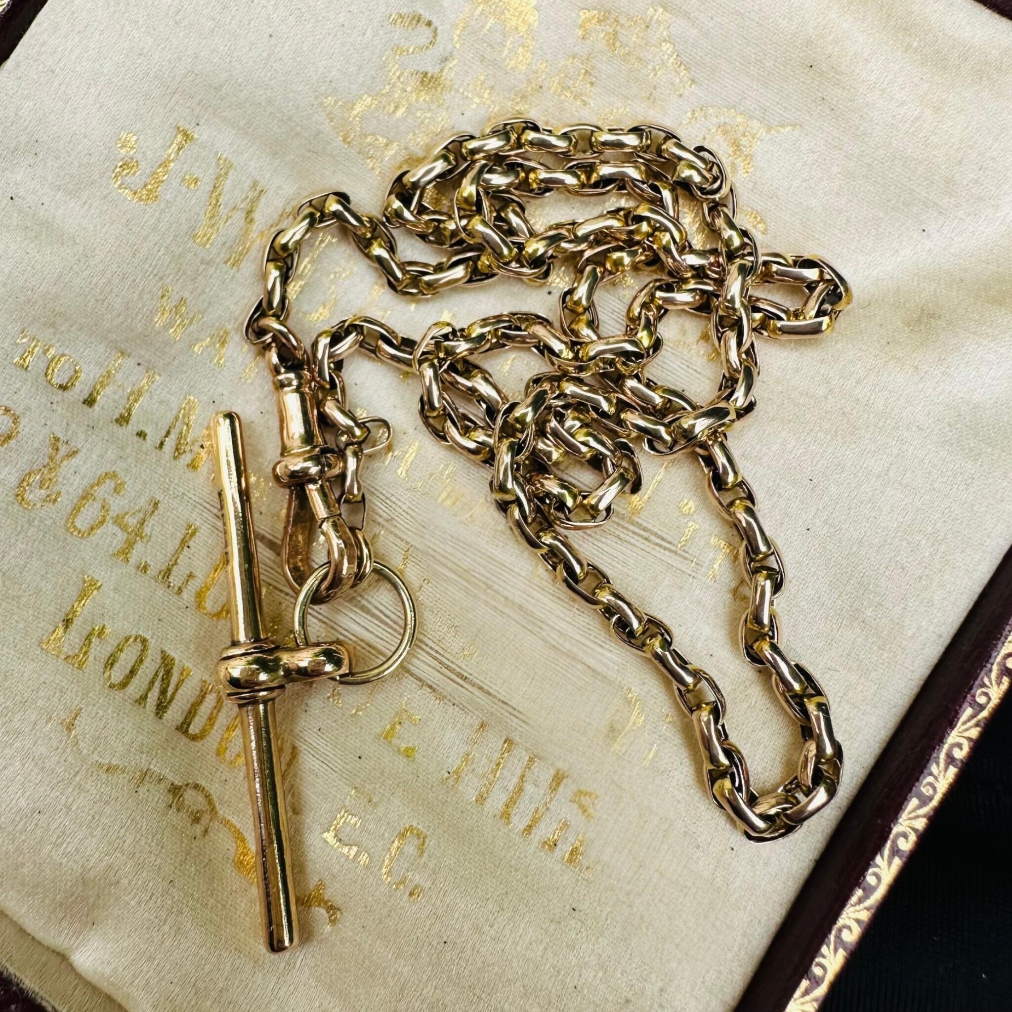 Victorian 9k gold bike link chain necklace with faceted dog clip and T-bar clasp.