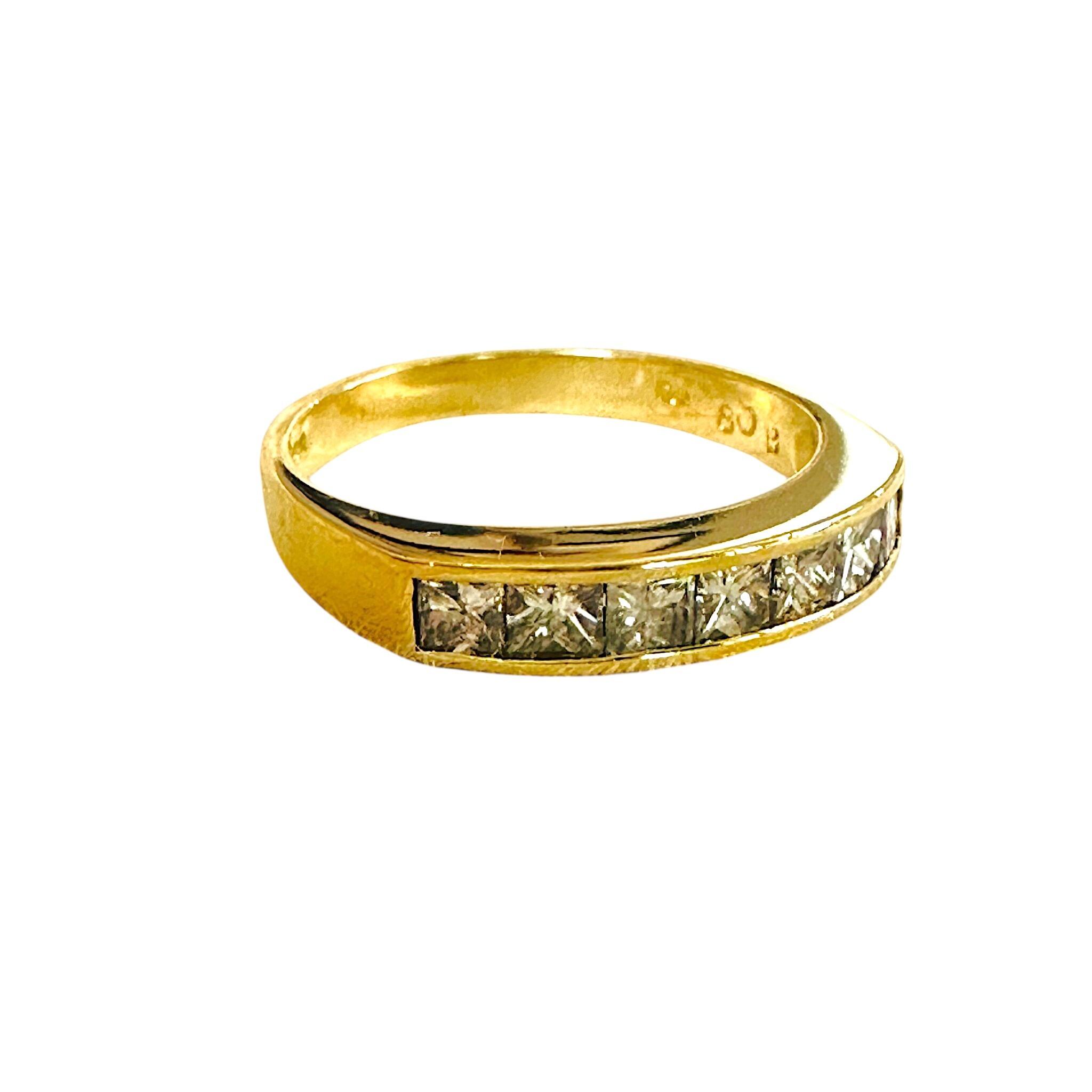 side profile of 18k Yellow Gold Princess Cut Diamond Half Eternity Ring with white background
