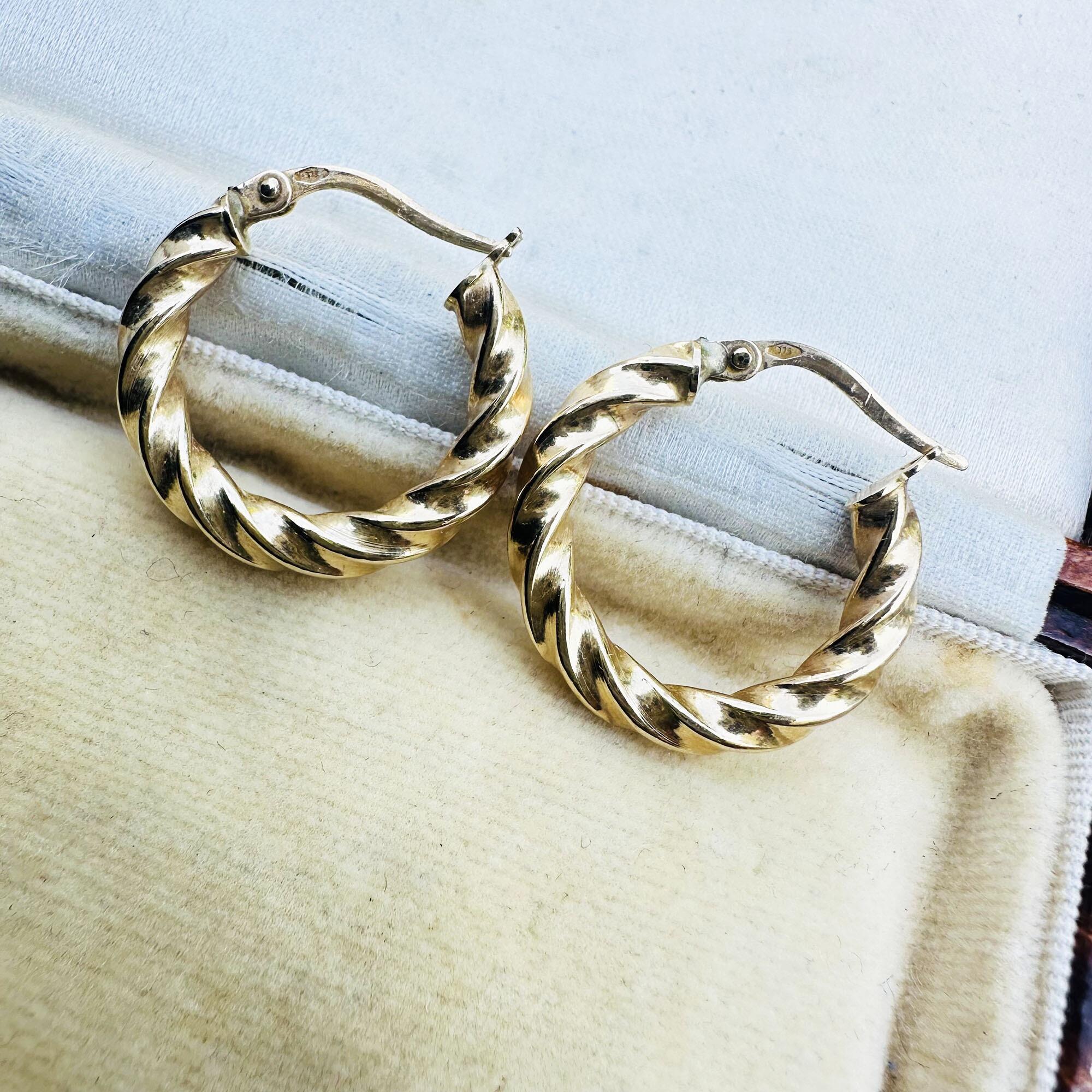 Italian 9k yellow gold twist rope hoop earrings on antique box.