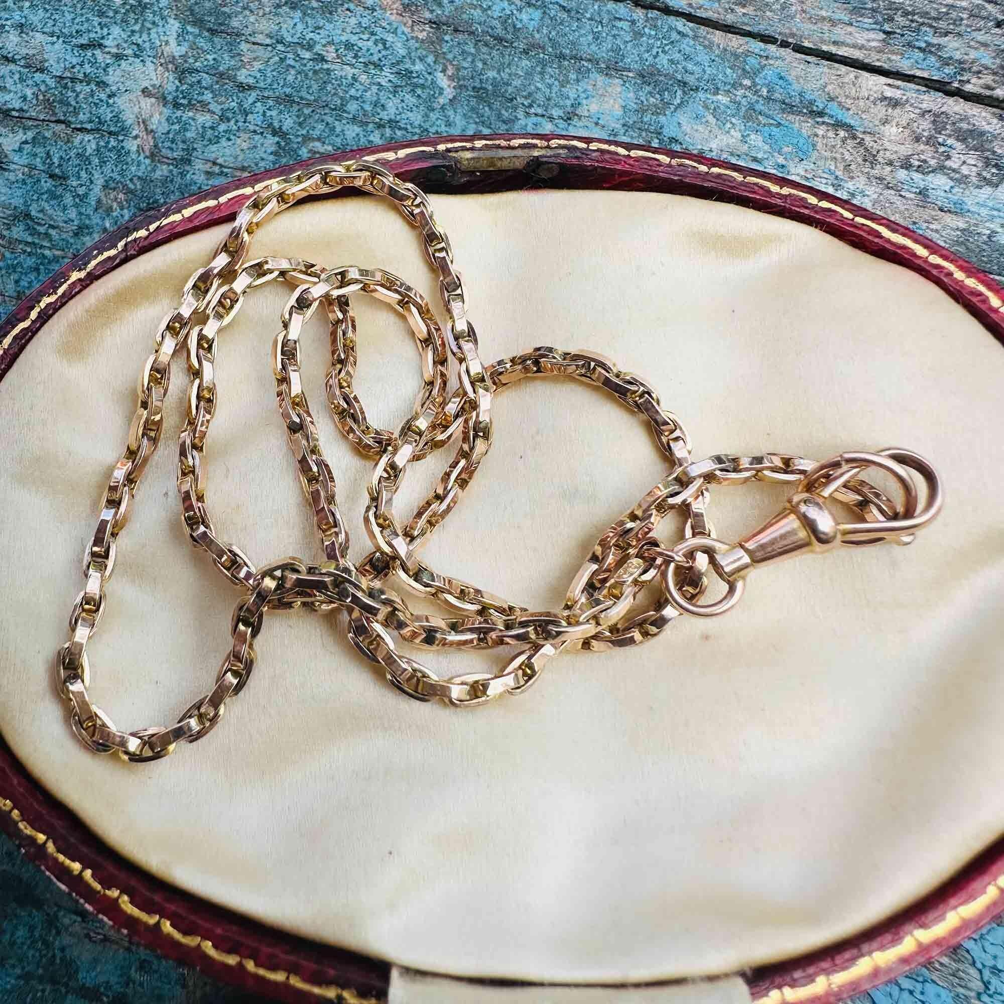 Antique 9k rose gold bike chain necklace with dog clip clasp – on antique box