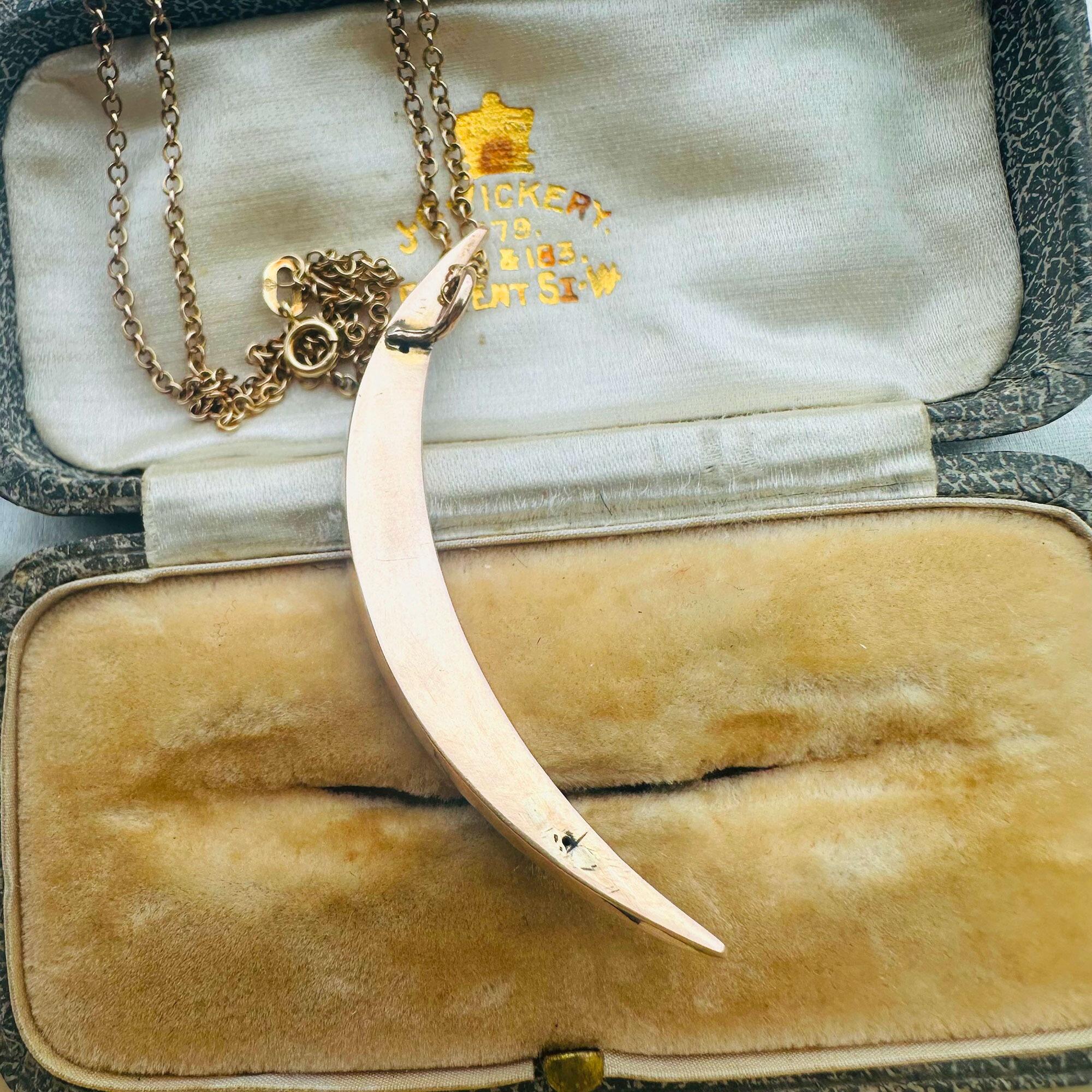 rear view, Victorian 15k Rose Gold Black Enamel & Pearl Crescent Moon Pendant on antique box