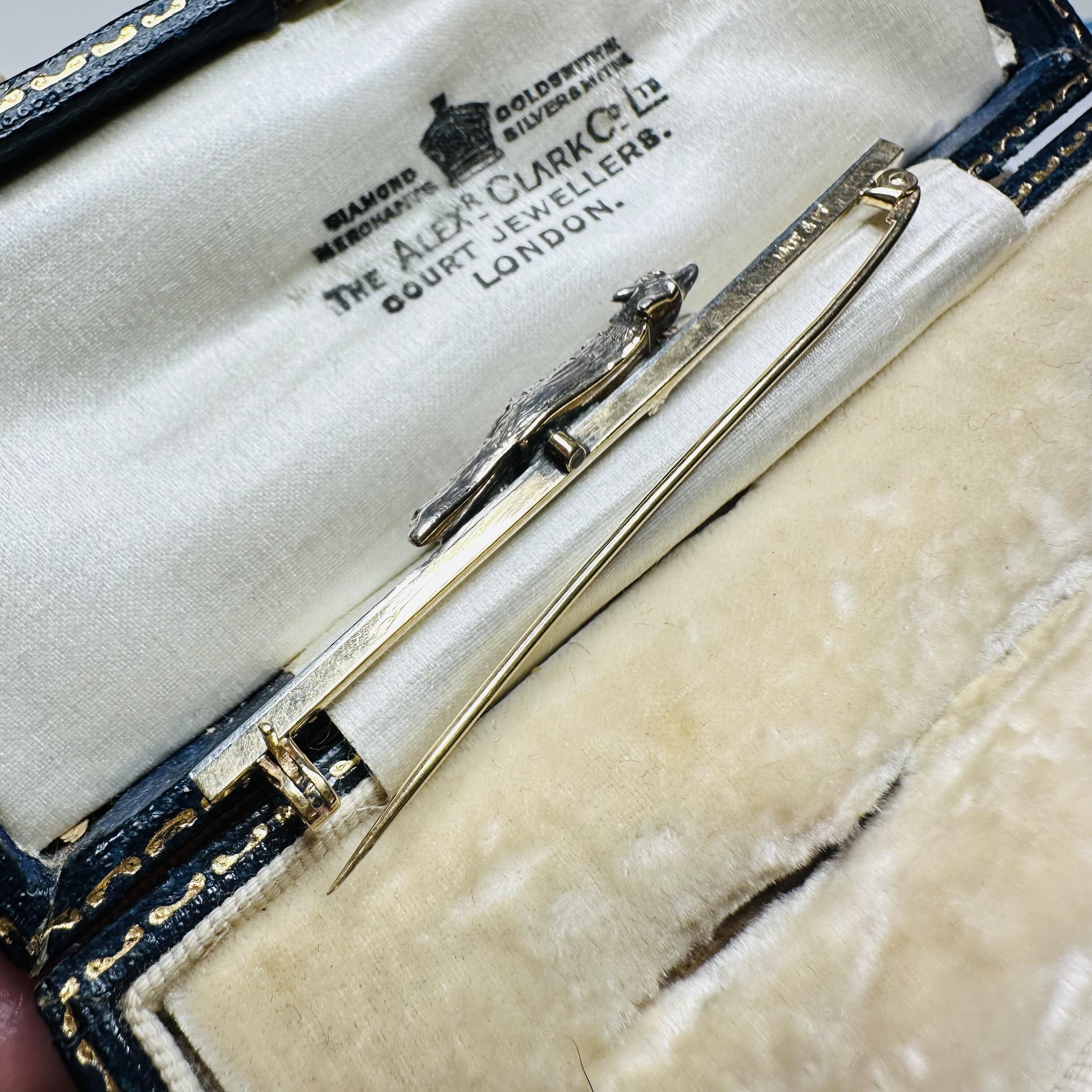 side view, Edwardian Diamond Set Running Fox Brooch in original box