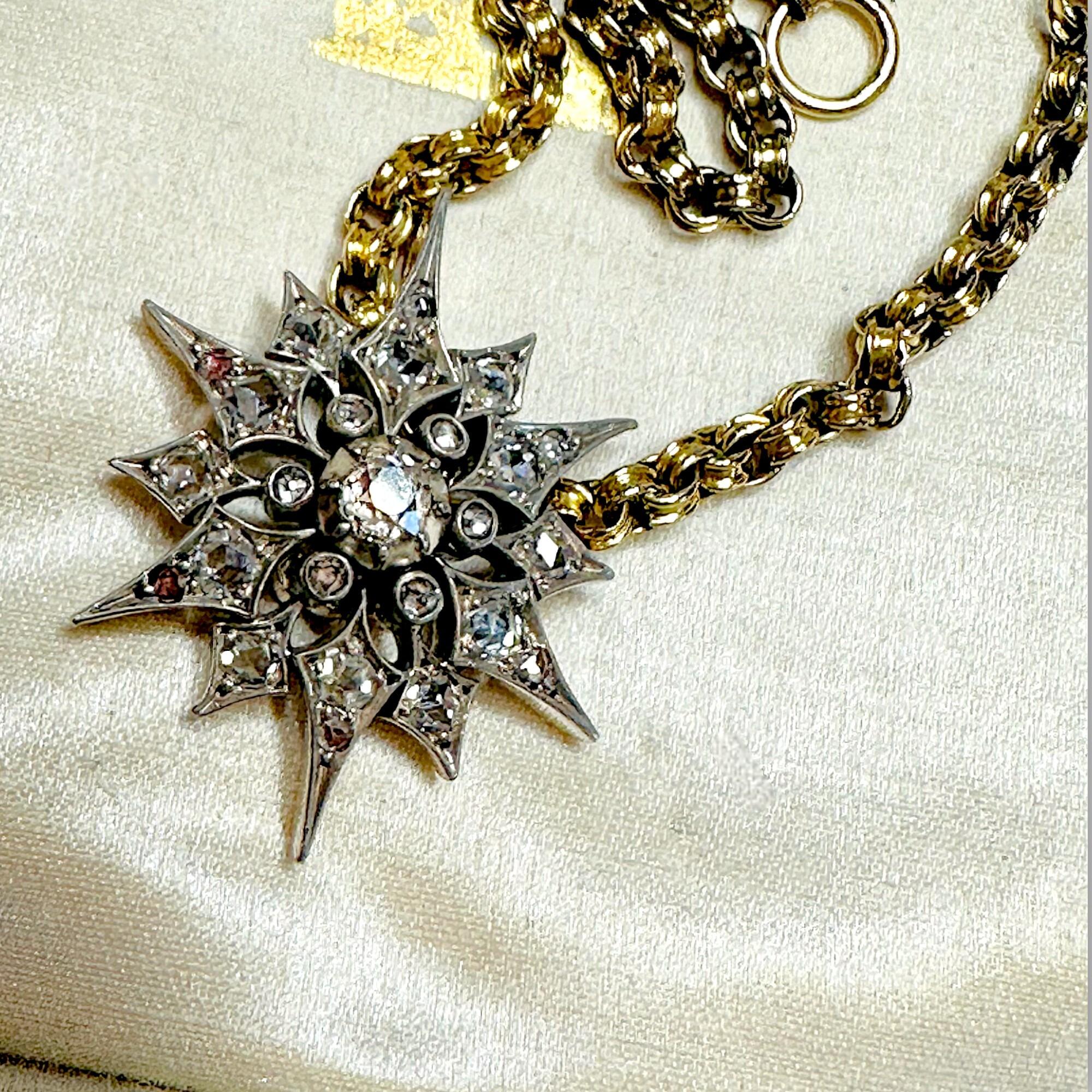 Victorian Diamond Star Pendant, Antique Silver & Rose Gold Starburst, displayed in antique box