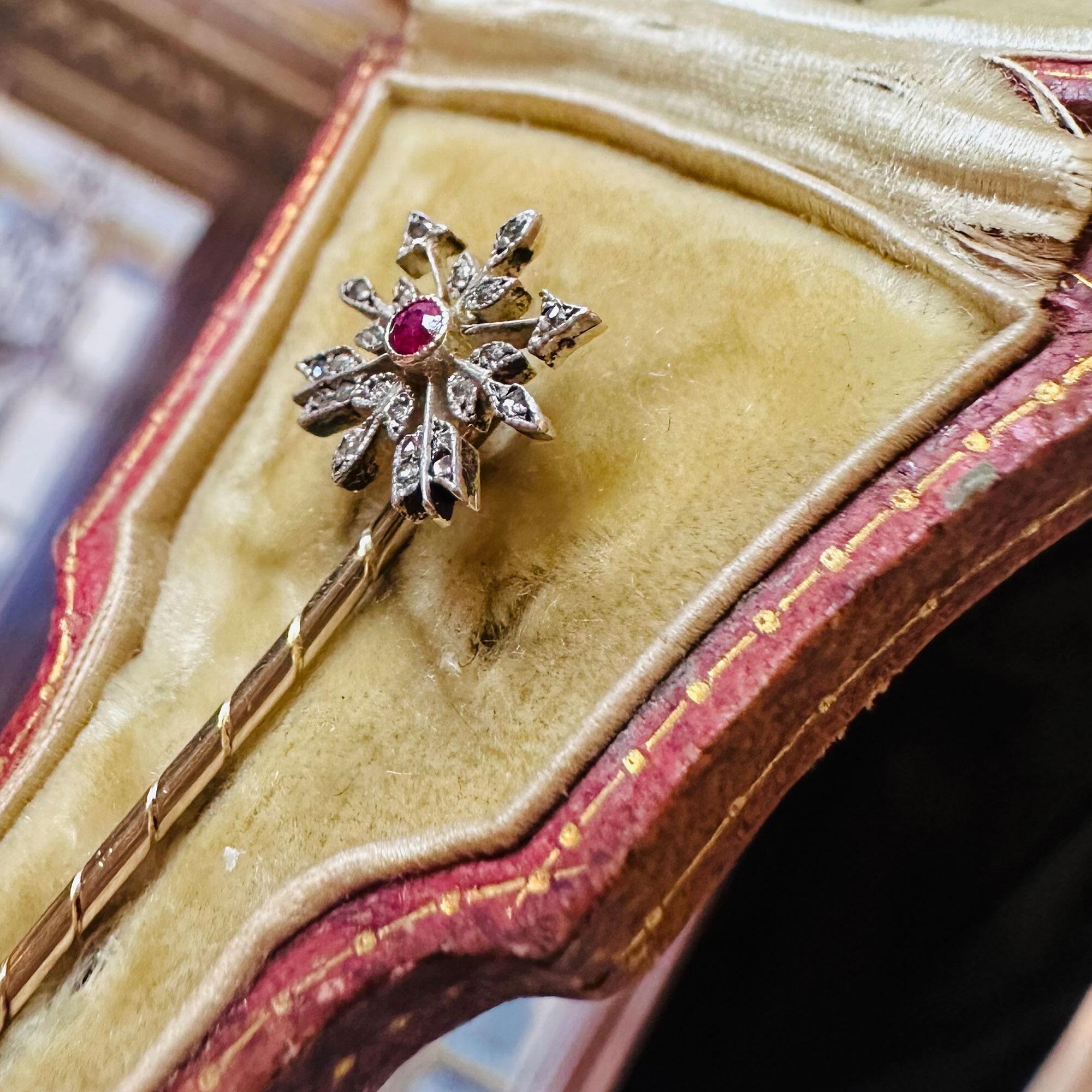 Rare Gold Ruby & Diamond Arrow Stick Pin in antique S J Phillips, Bond Street London box
