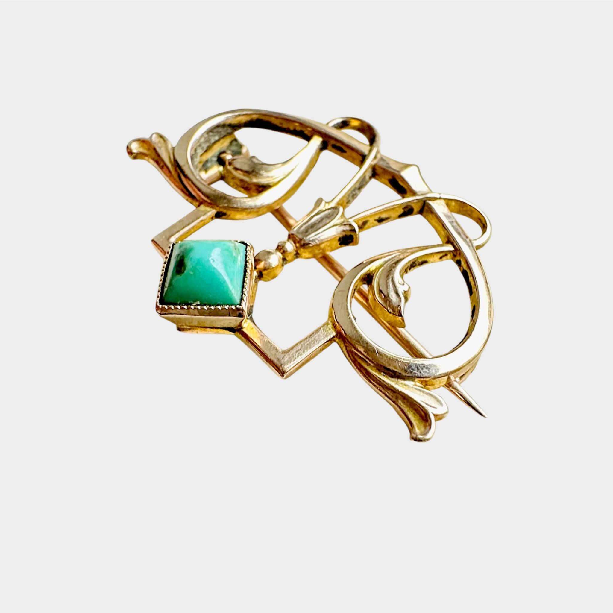 Art Nouveau Jugendstil Turquoise Brooch in 9k Rose Gold, grey background.