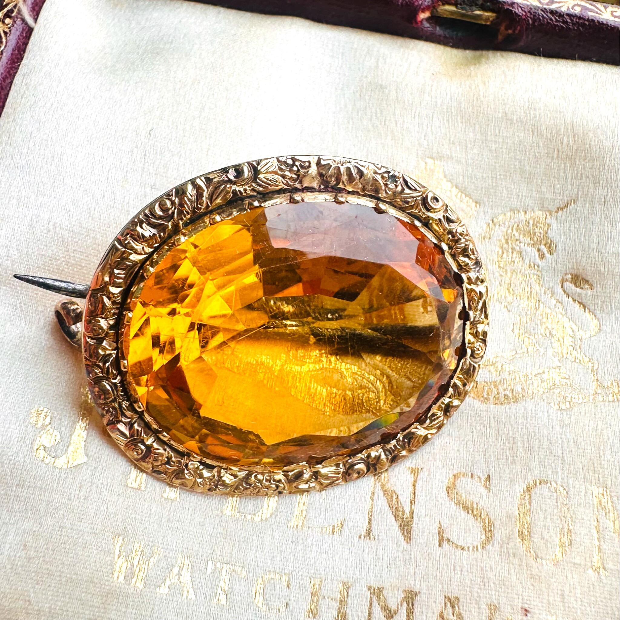 15k Gold large Citrine Brooch, displayed in the antique box.