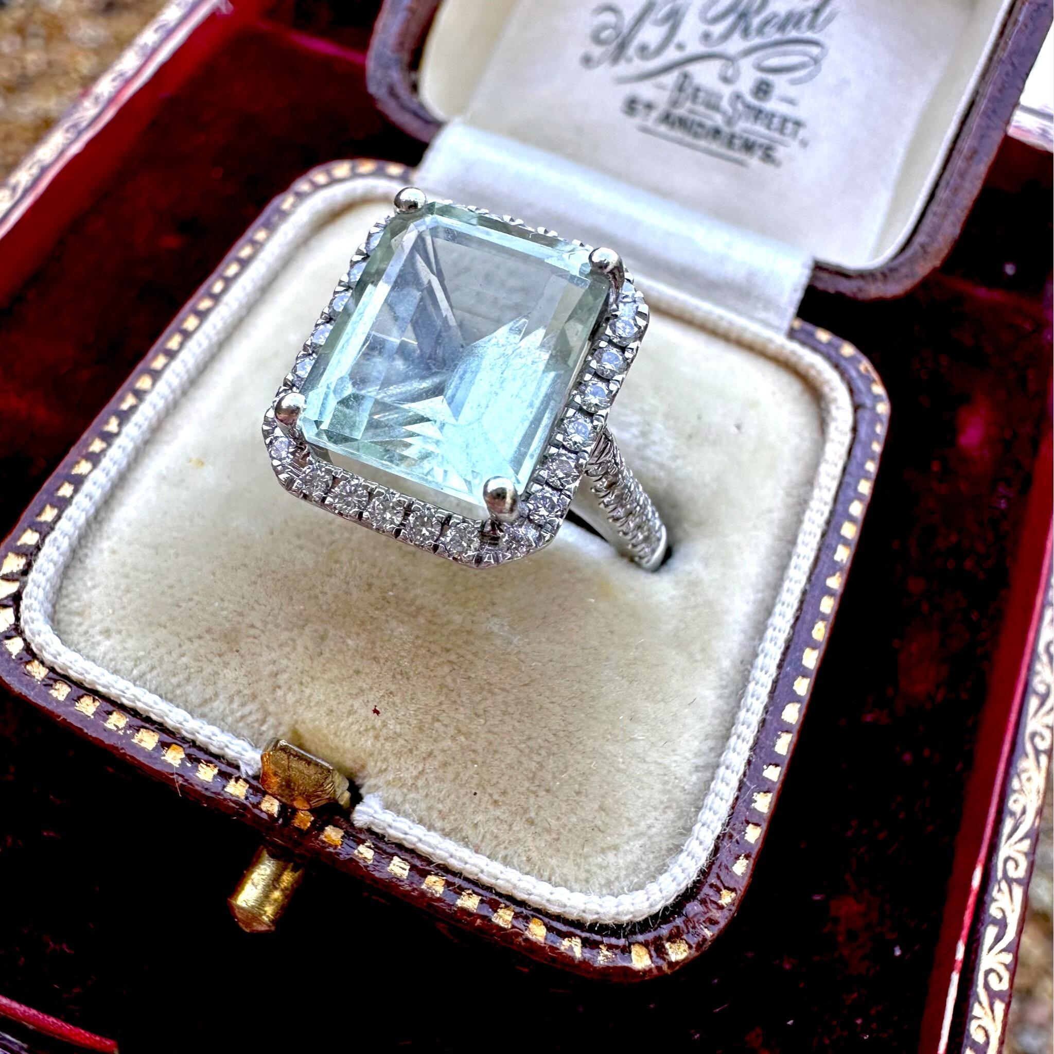 side profile of Diamond Halo & Prasiolite Cluster Ring in 14k White Gold in antique box