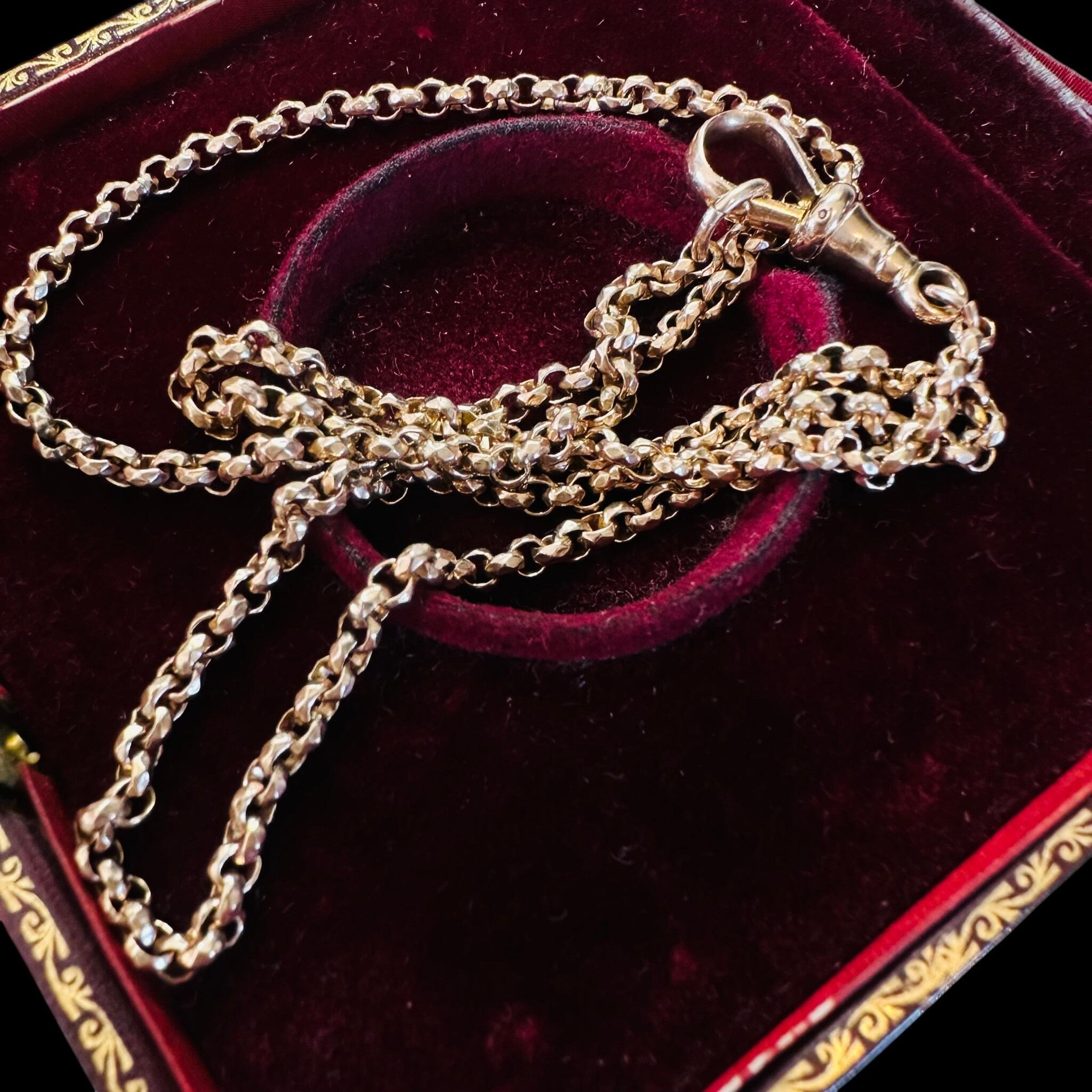 Rose Gold Belcher faceted Chain Necklace & Dog Clip displayed on antique box