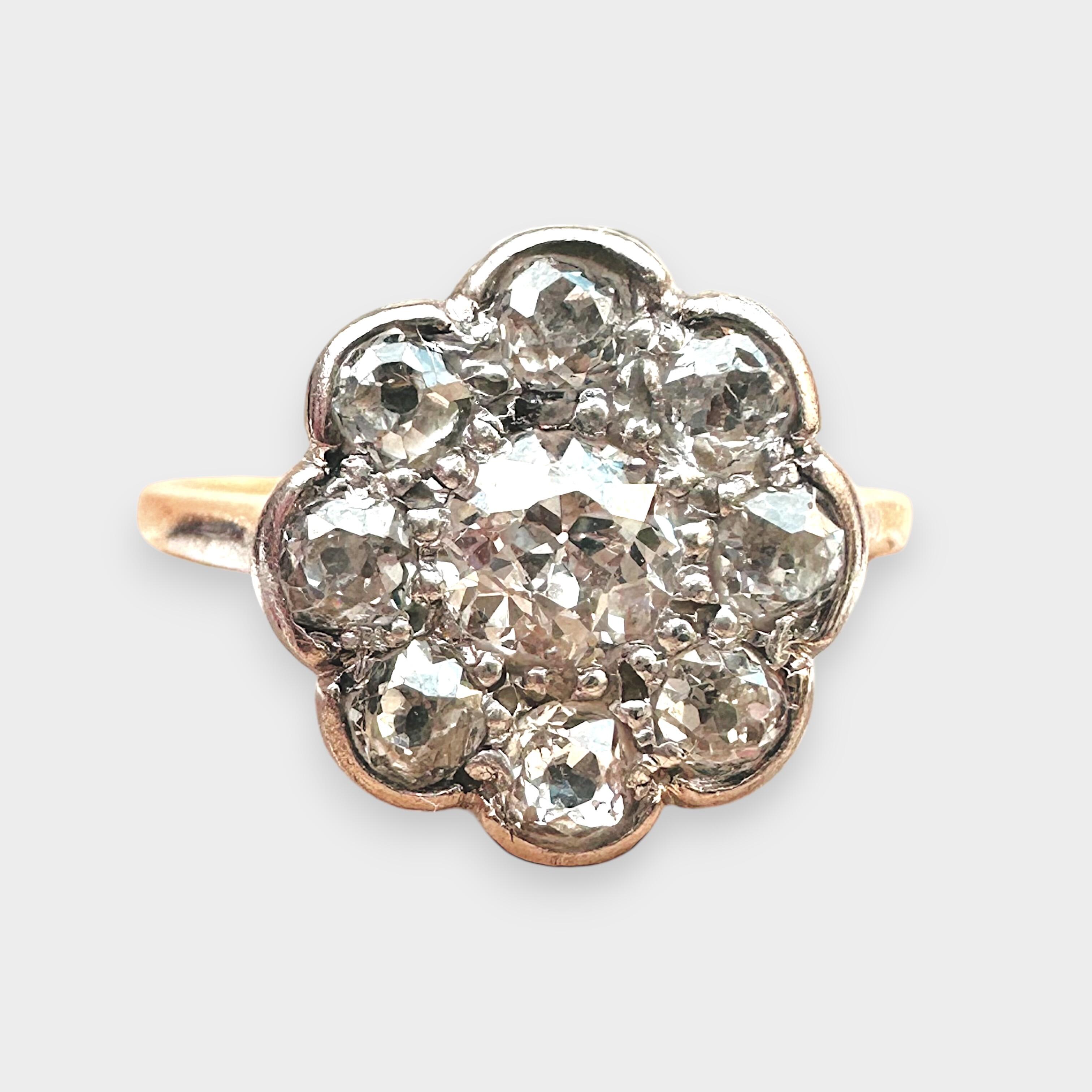 front view of 18k Gold Old-Cut Diamond Daisy Cluster Ring, with grey background