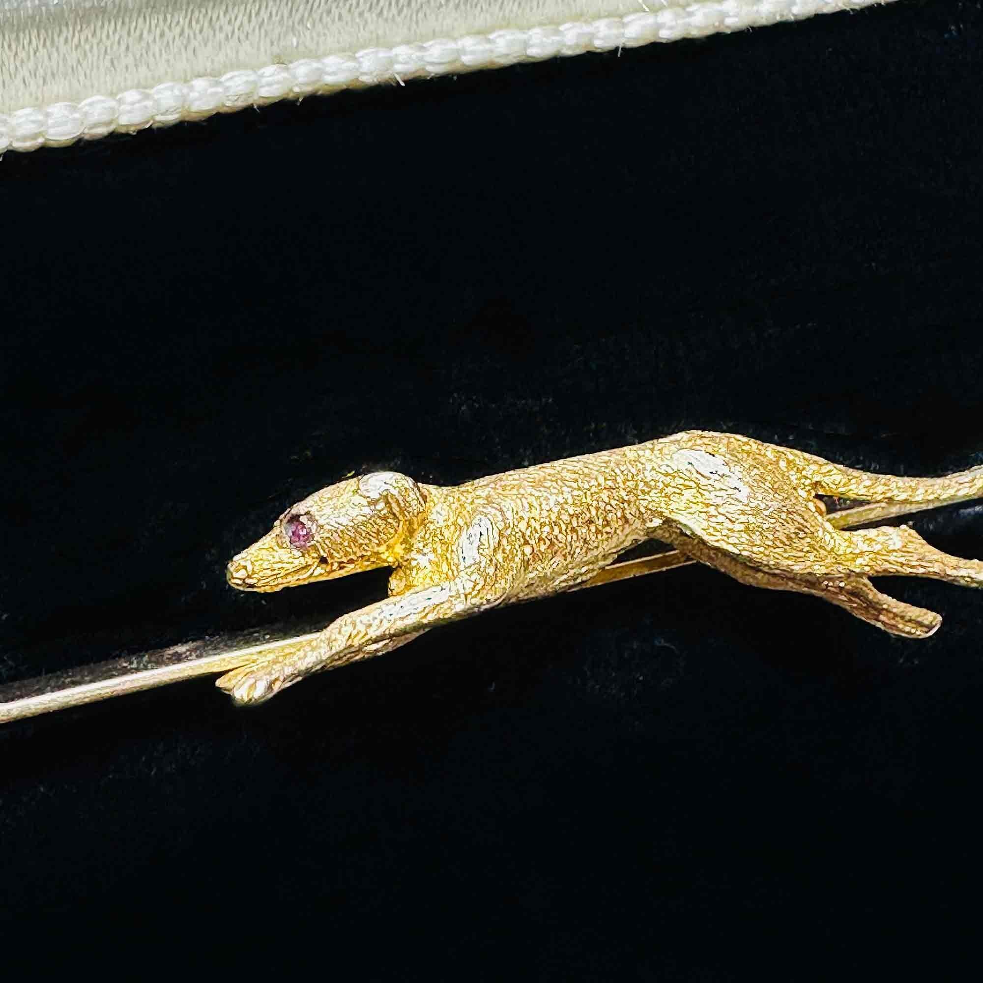 Greyhound 9k Gold Dog Pin with Ruby Eye & Original J W Benson Blue Leather Box