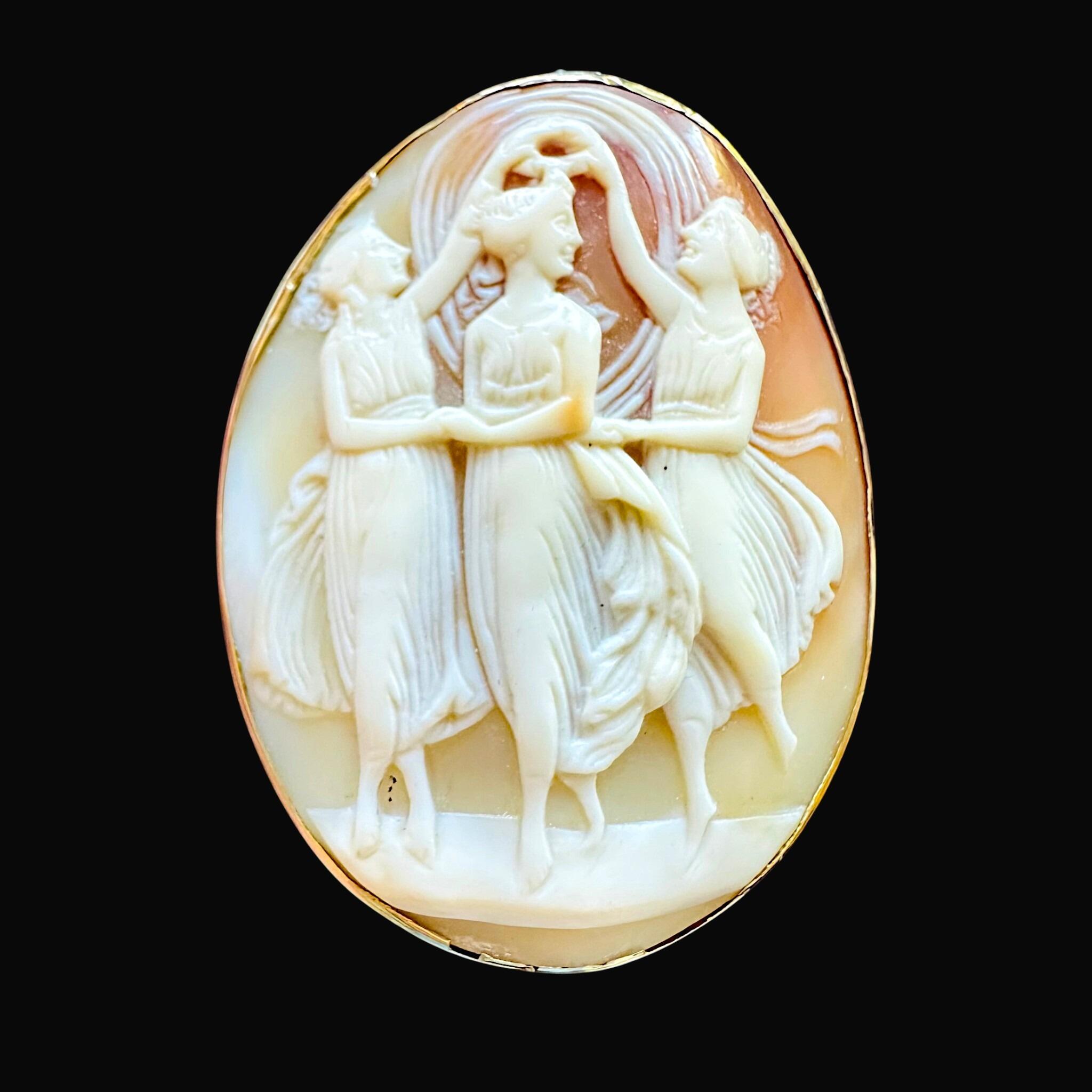 Antique Cameo Brooch Three Graces – Italian Shell Carving, Signed, Gold Mount with black background