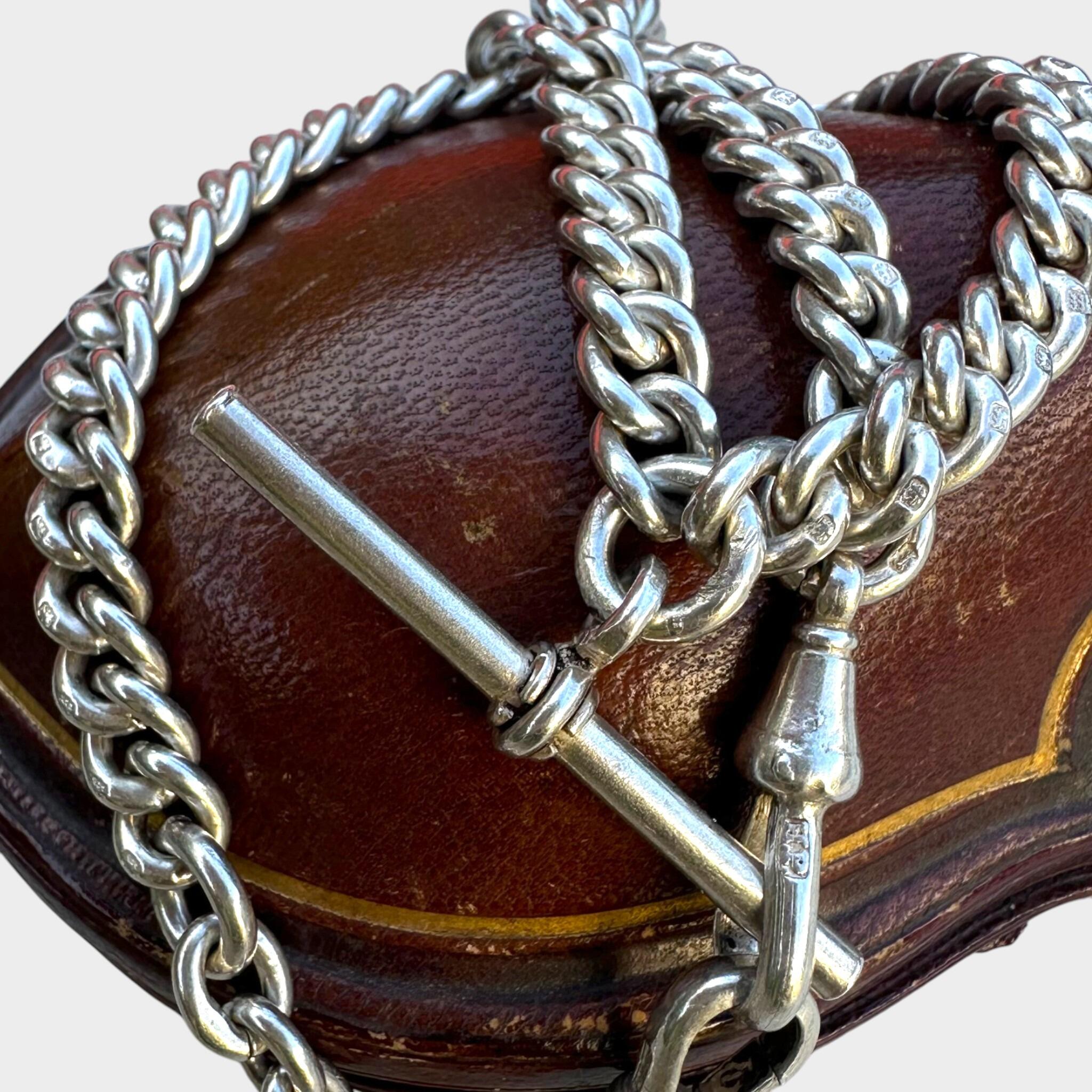 Antique Chunky Silver Albert Chain Necklace, T-Bar & Dog Clip displayed on red antique box