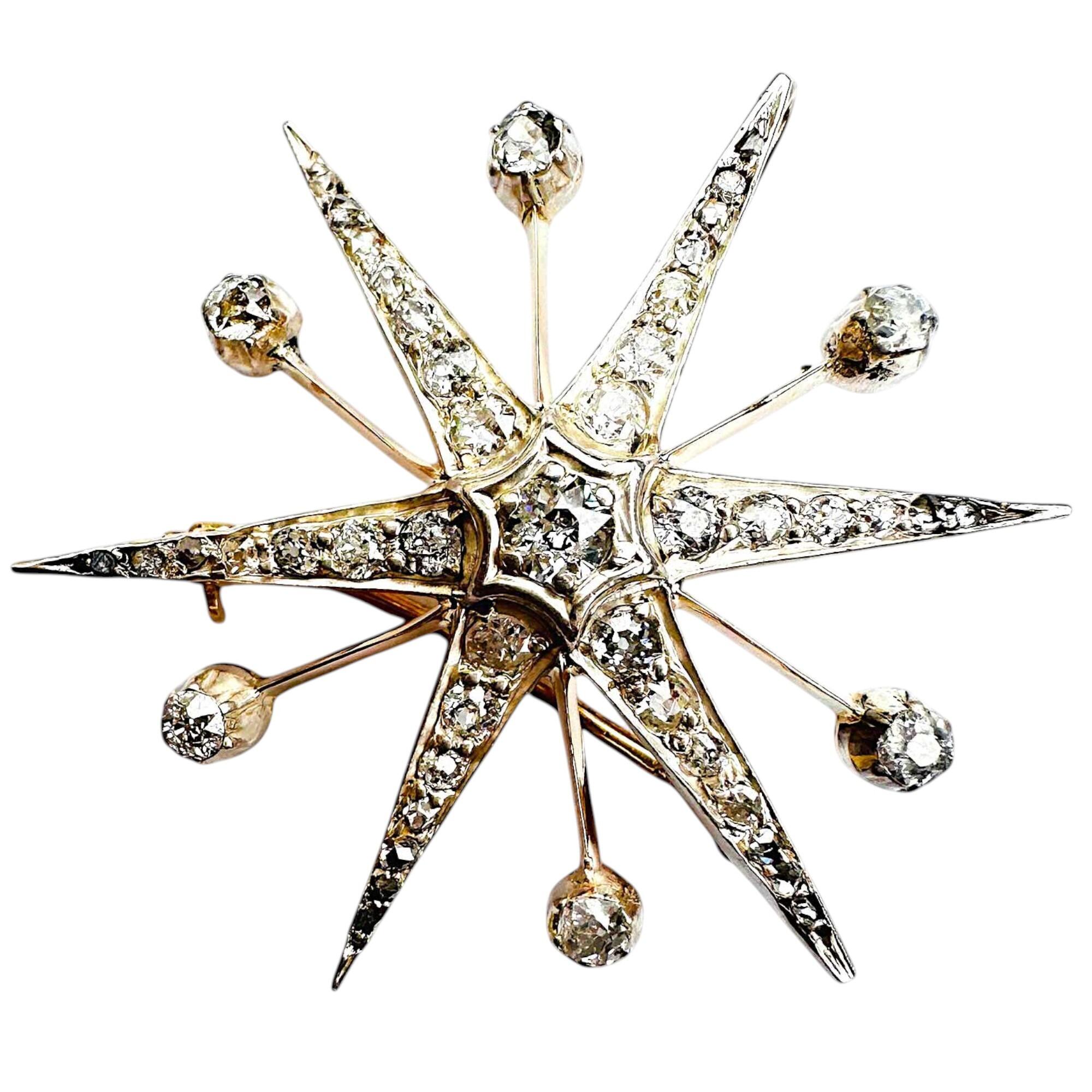 Victorian silver and 15ct rose gold diamond encrusted star pendant cum brooch on white background