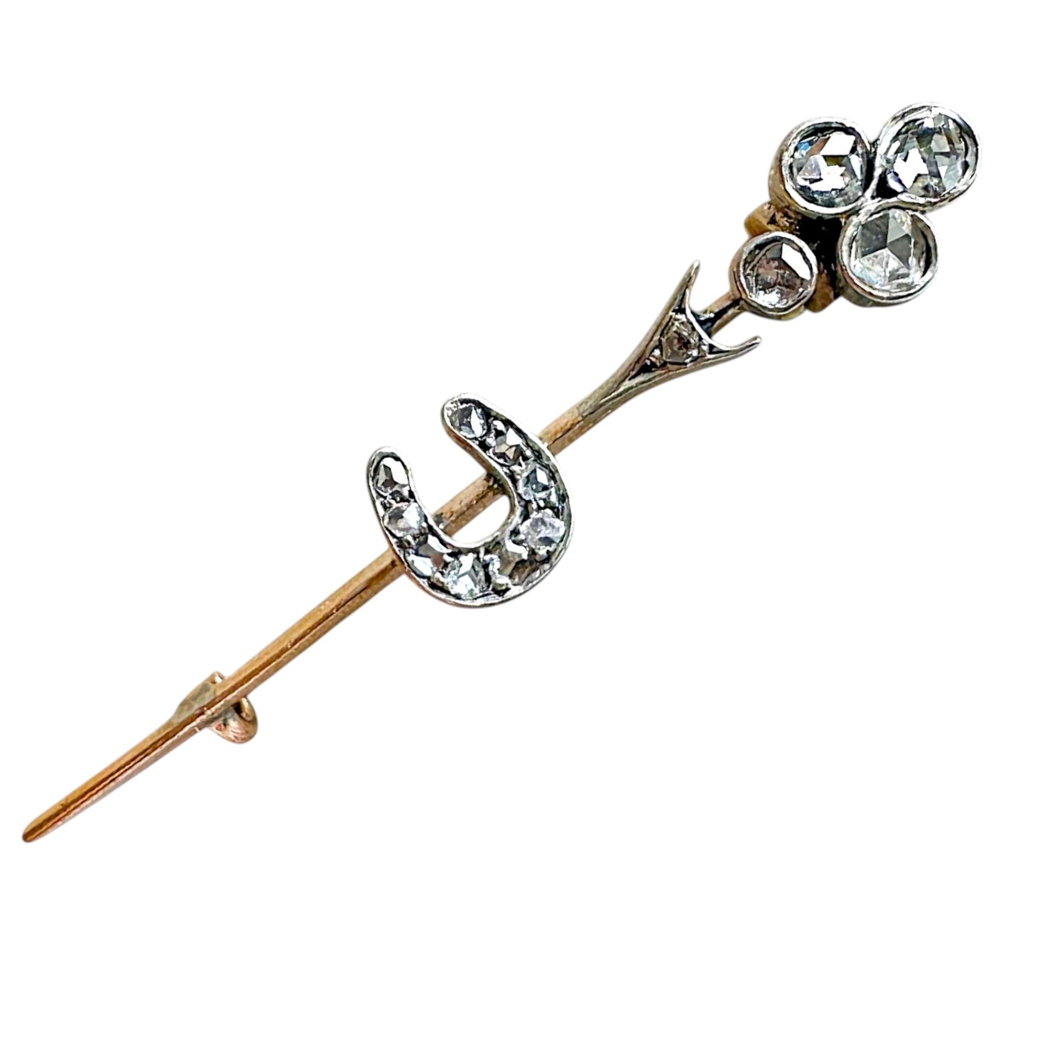 Victorian 9k gold Diamond Arrow & Horseshoe Bar Brooch on white background