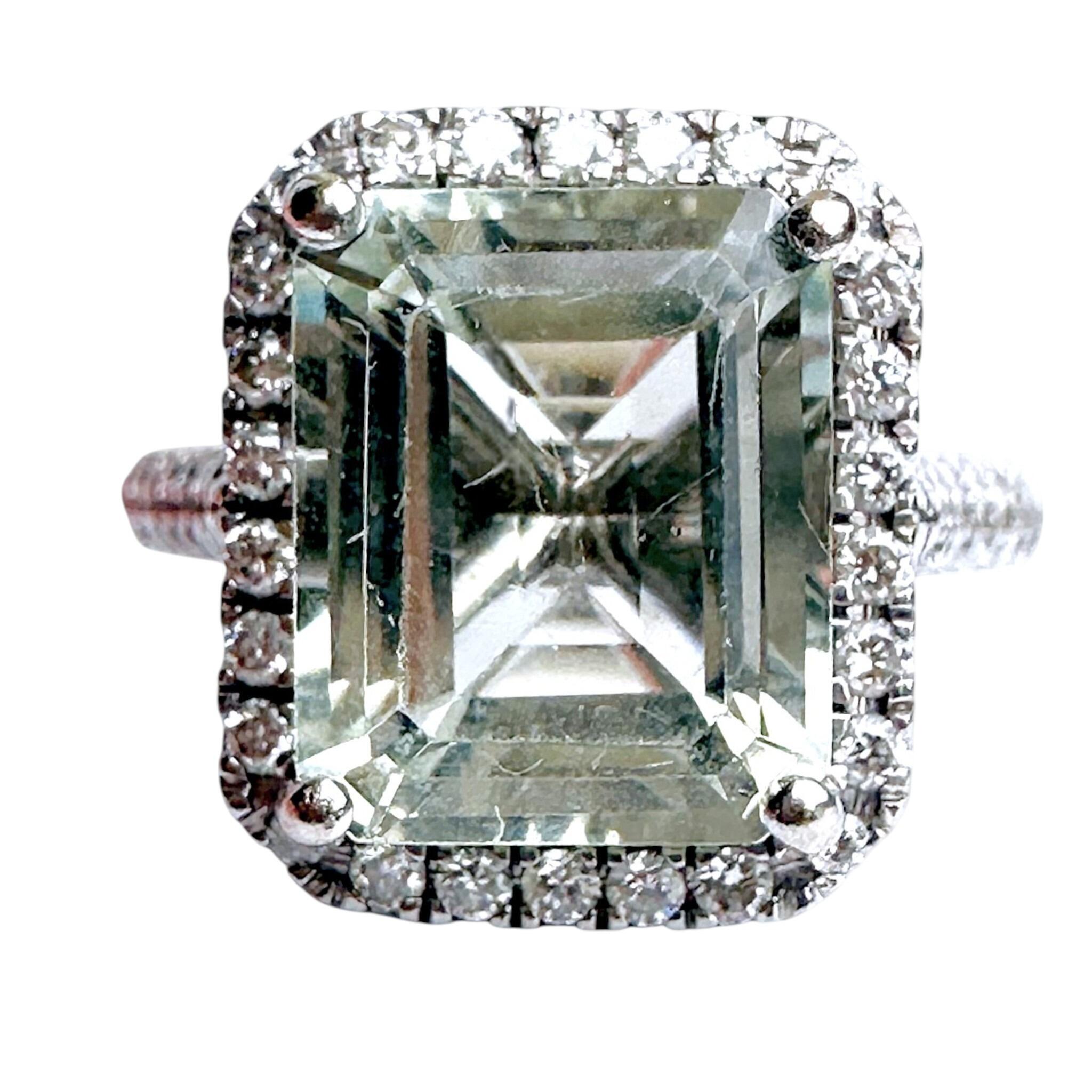 Diamond Halo & Prasiolite Cluster Ring in 14k White Gold, white background