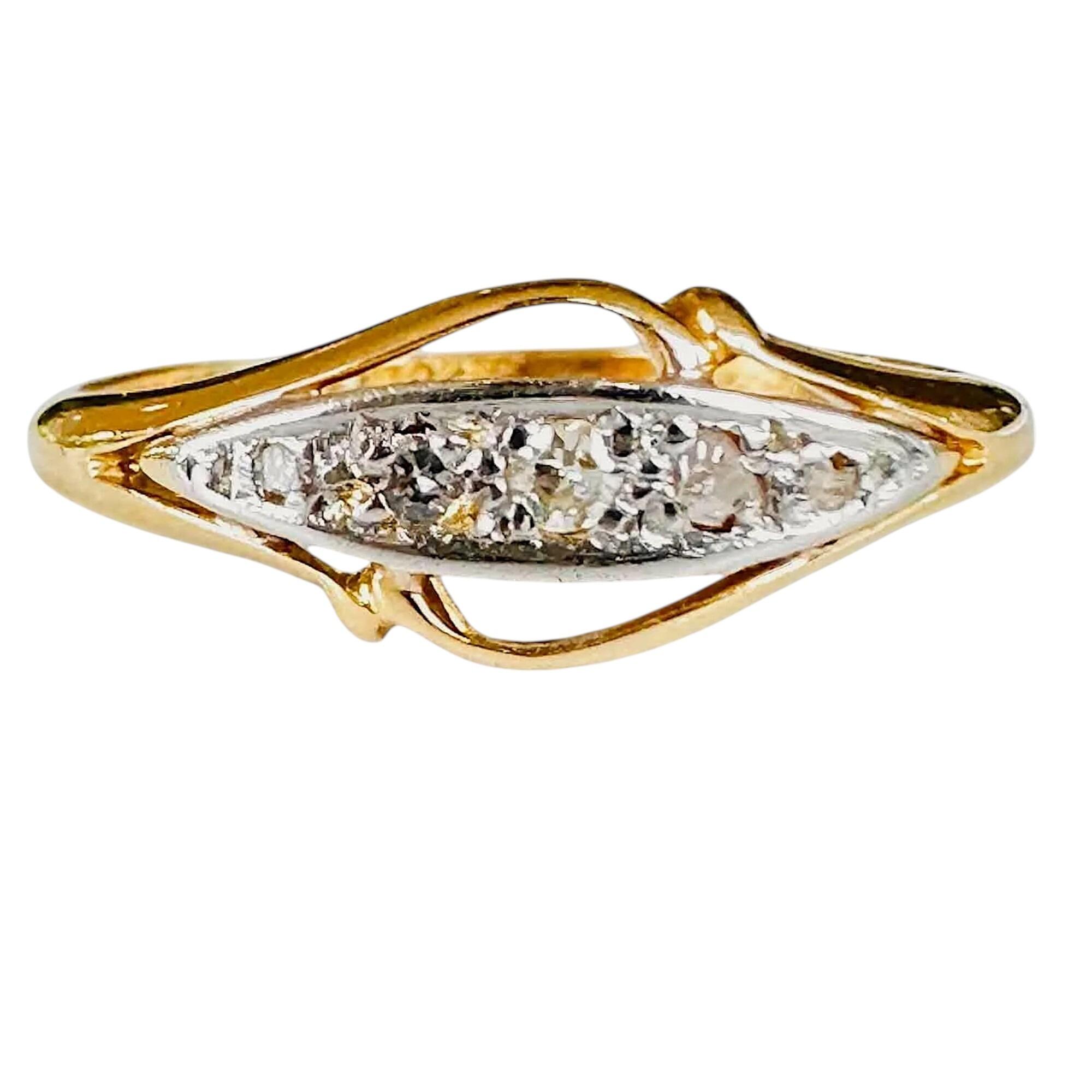 antique Art Deco 18ct yellow gold and platinum five stone diamond boat ring with scroll detail