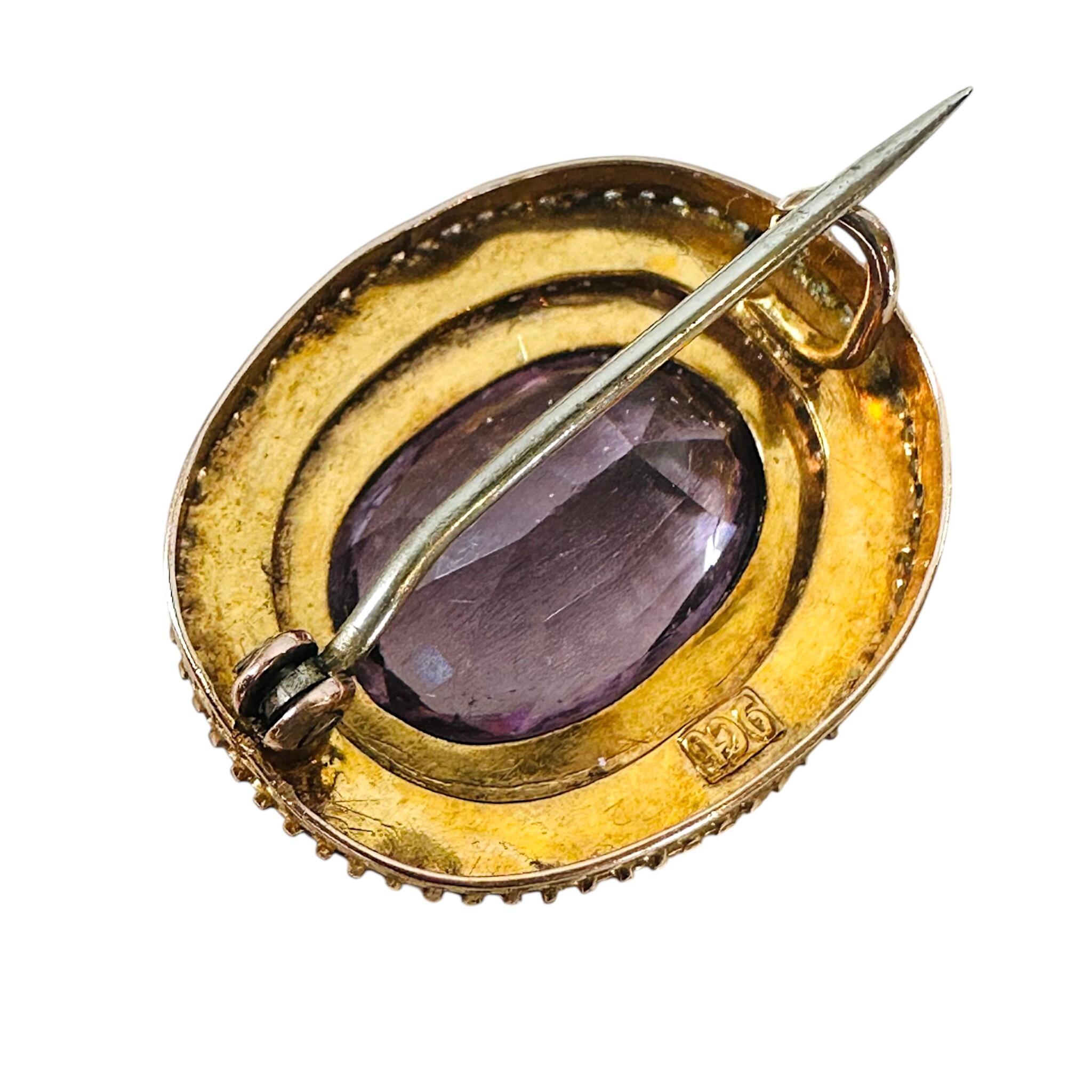 rear view of Antique Victorian Gold Rose de France Amethyst & Seed Pearl Brooch with white background
