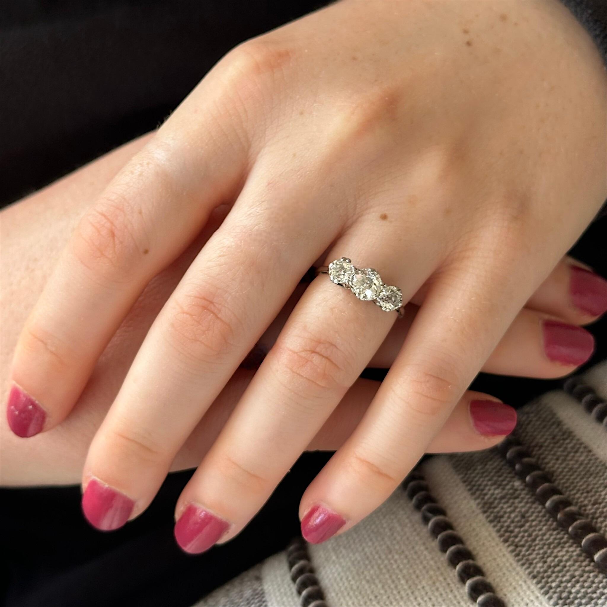 Antique Art Deco18K White Gold & Platinum, Old European Cut Diamond Trilogy Ring worn on models hand