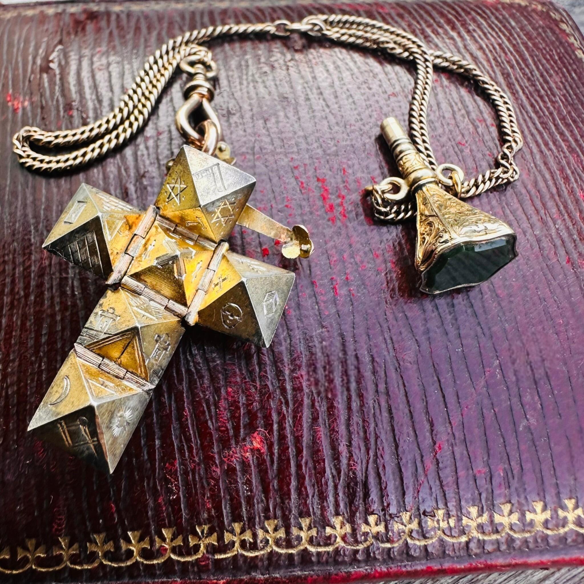 Rare Antique Rose Gold, Opening Hexagonal Cross Masonic Pendant & Bloodstone Watch Key Fob displayed on red antique box