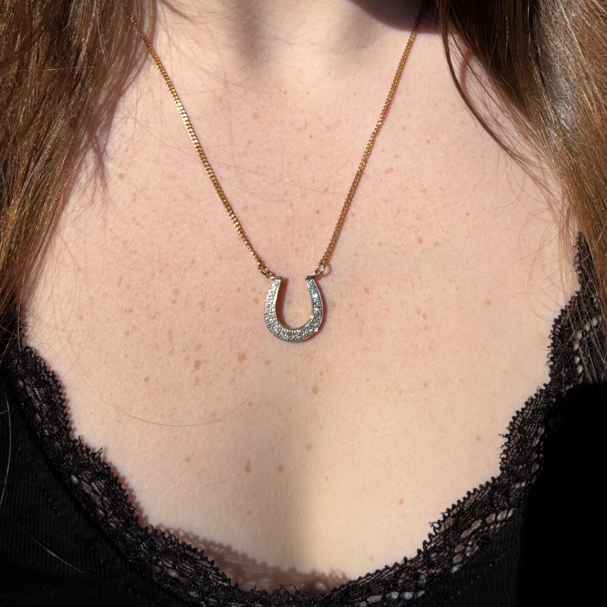 Vintage Diamond Horseshoe Necklace worn on models neck