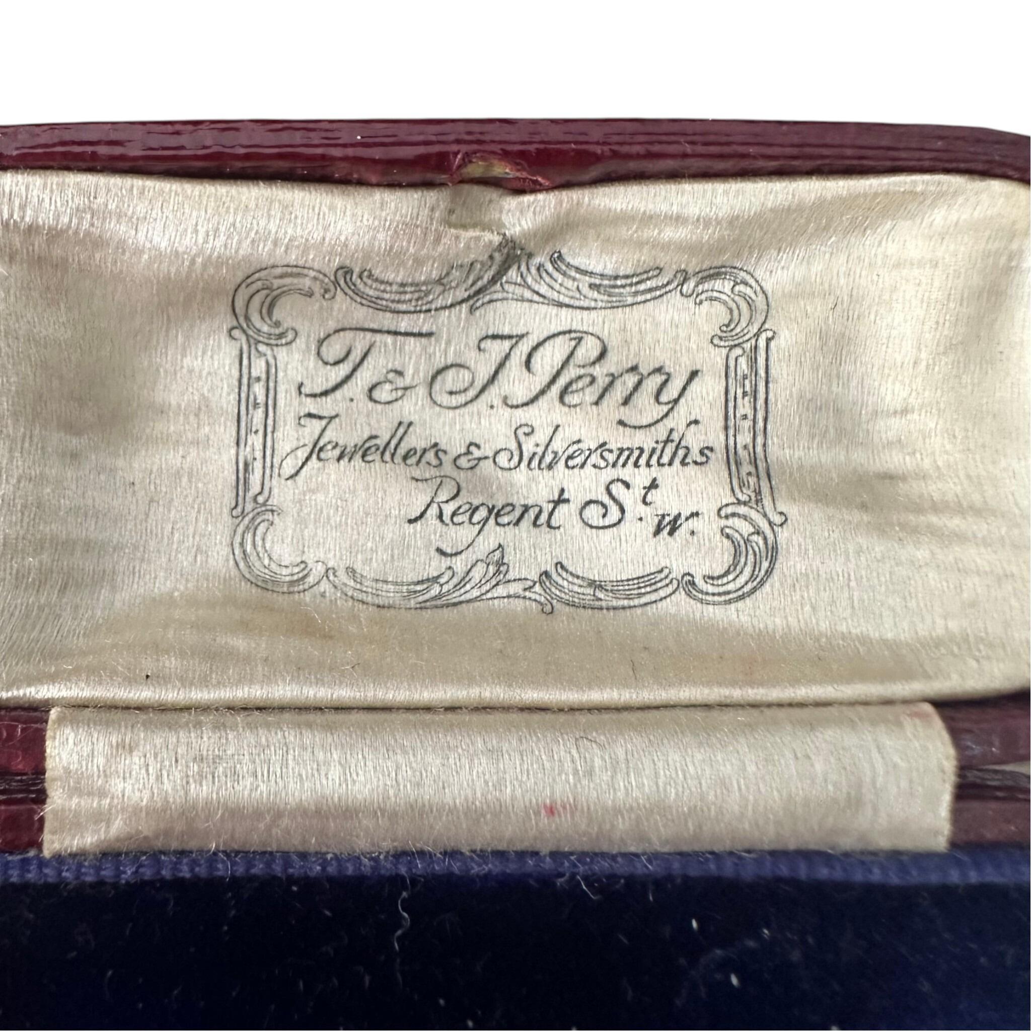 Antique Edwardian original box for Platinum Diamond & Pearl Bar Brooch with white background