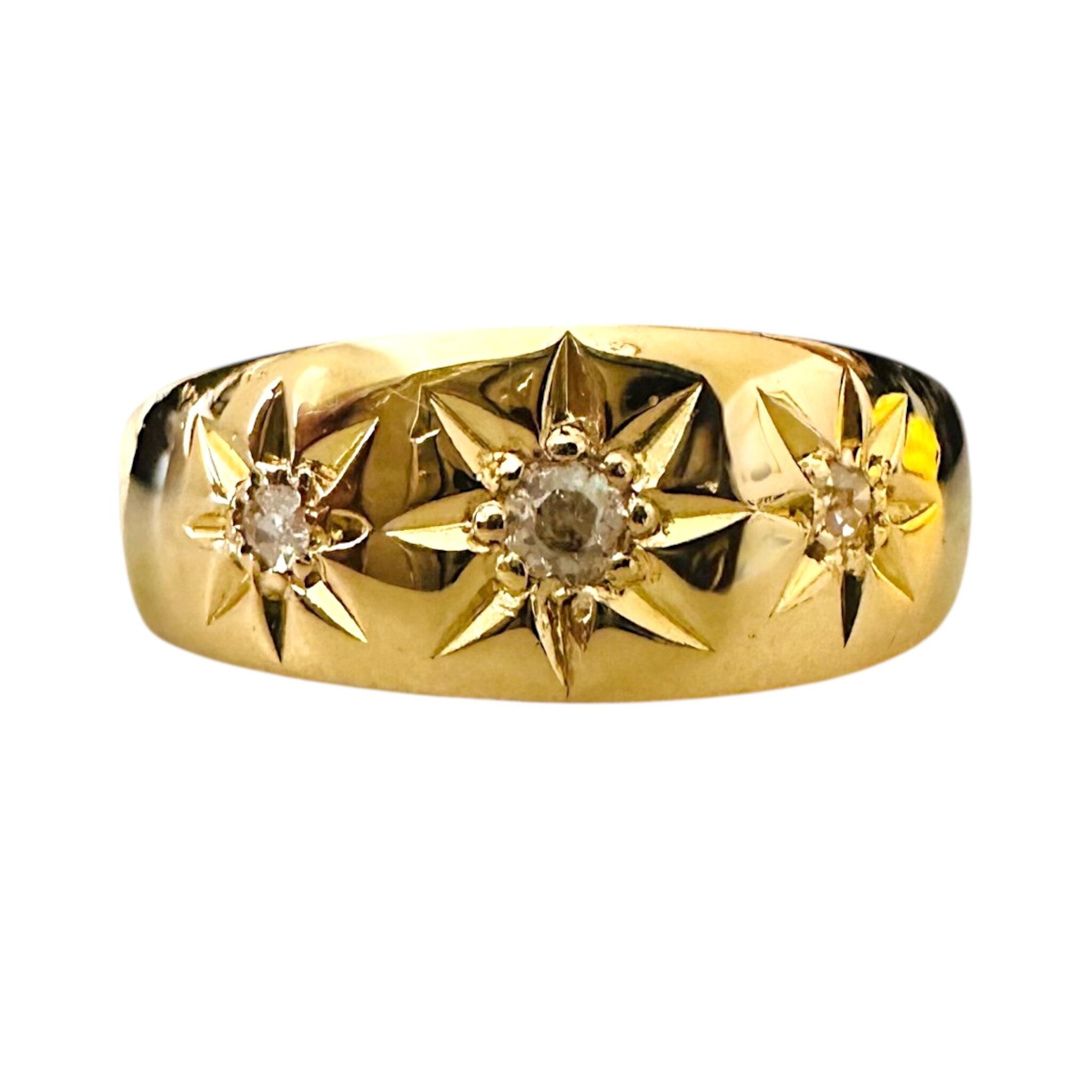 front view of Antique Victorian Gold Diamond Star Gypsy Trilogy Ring, with white background