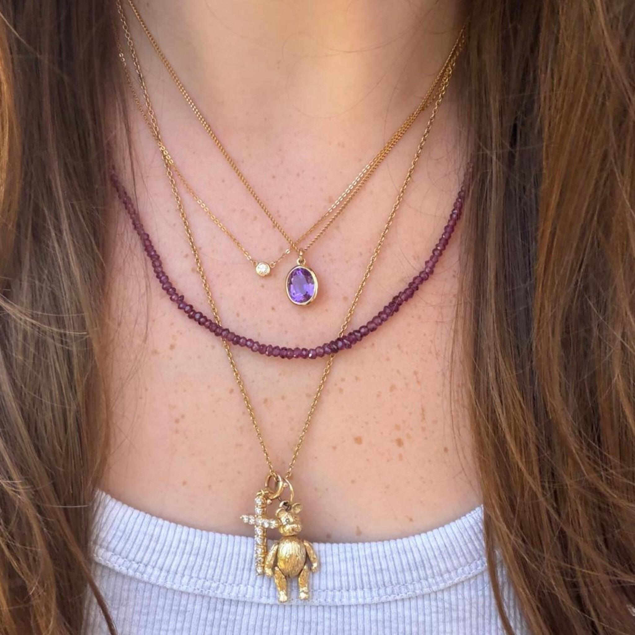 Silver & Amethyst Bead Necklace worn on model with a neck stack