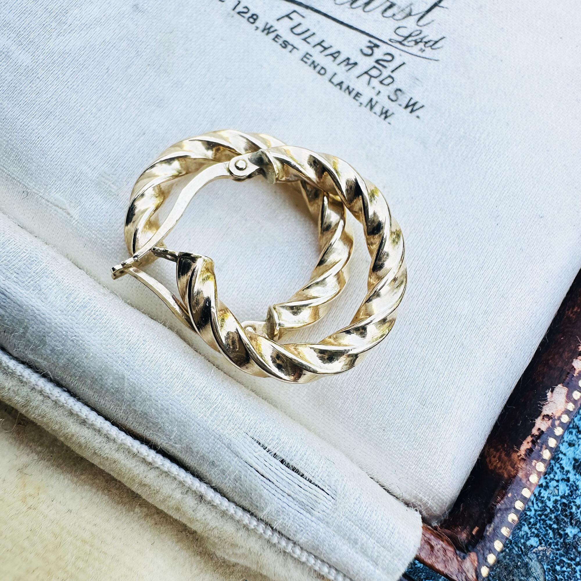 Italian 9k yellow gold twist rope hoop earrings on antique box.