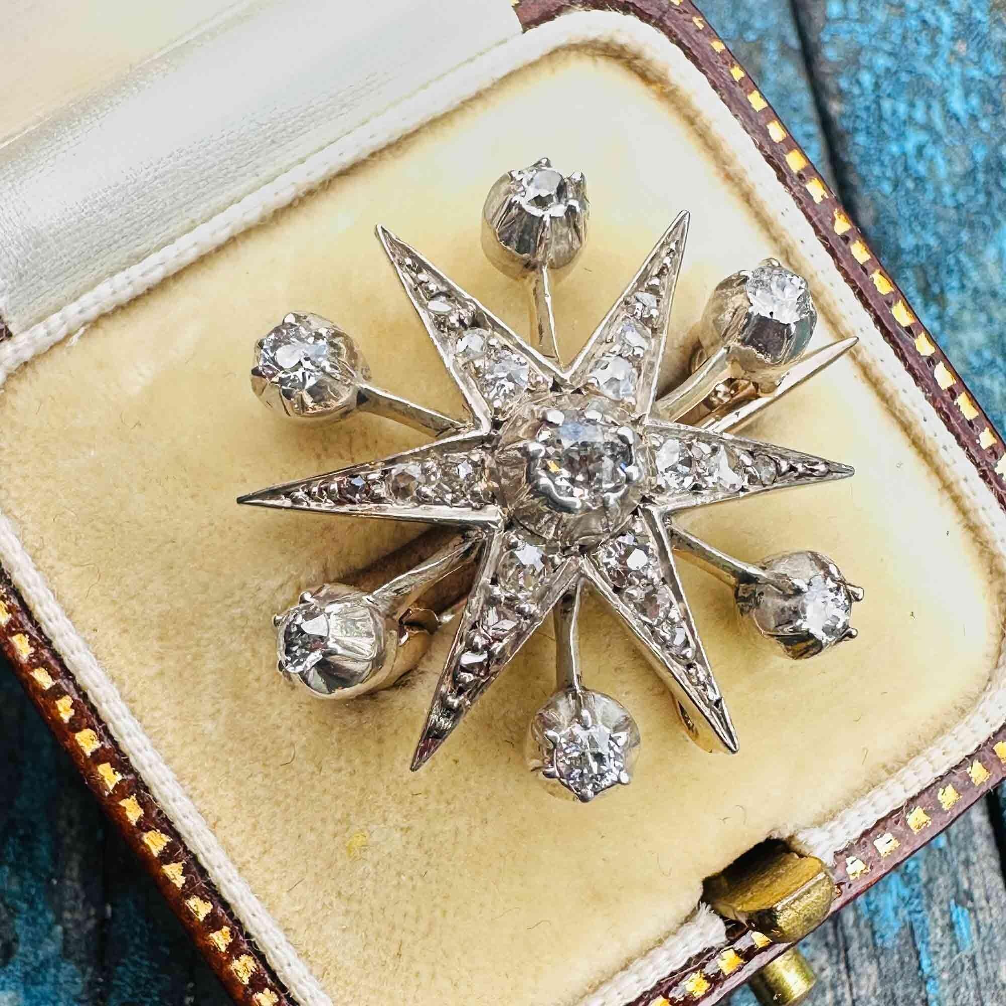 Victorian diamond star pendant / brooch on antique box.