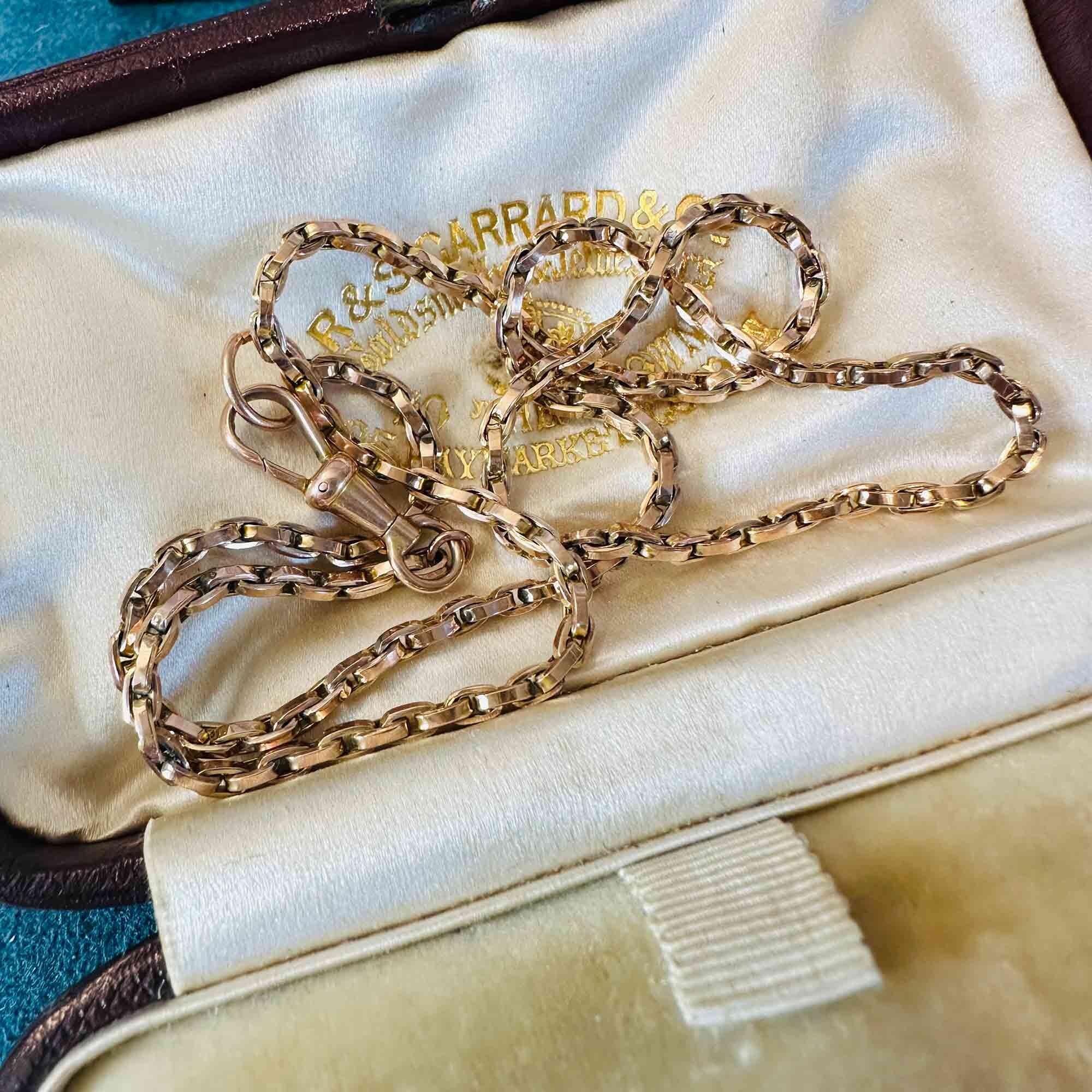Antique 9k rose gold bike chain necklace with dog clip clasp – on antique box
