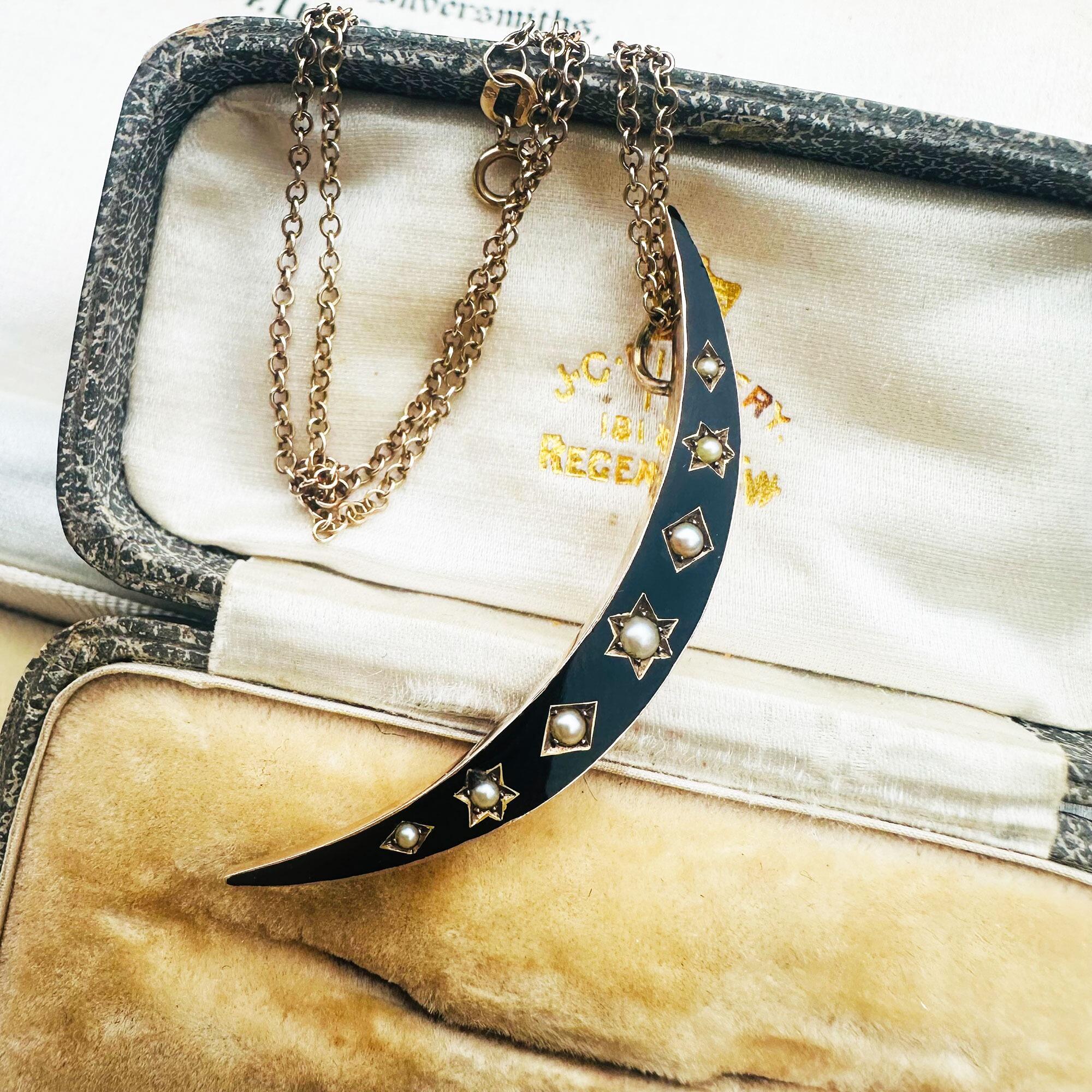 Victorian 15k Rose Gold Black Enamel & Pearl Crescent Moon Pendant on antique box