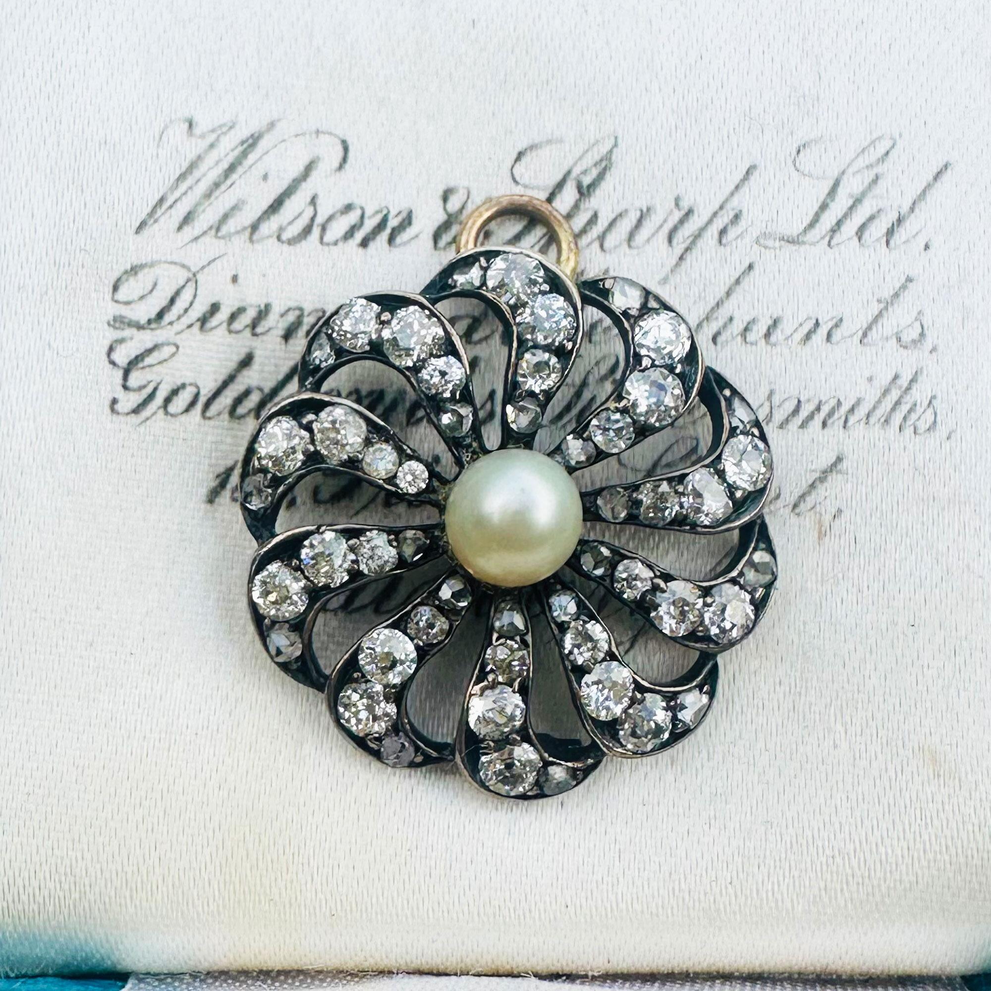antique diamond and pearl celestial sunburst pendant on antique box.