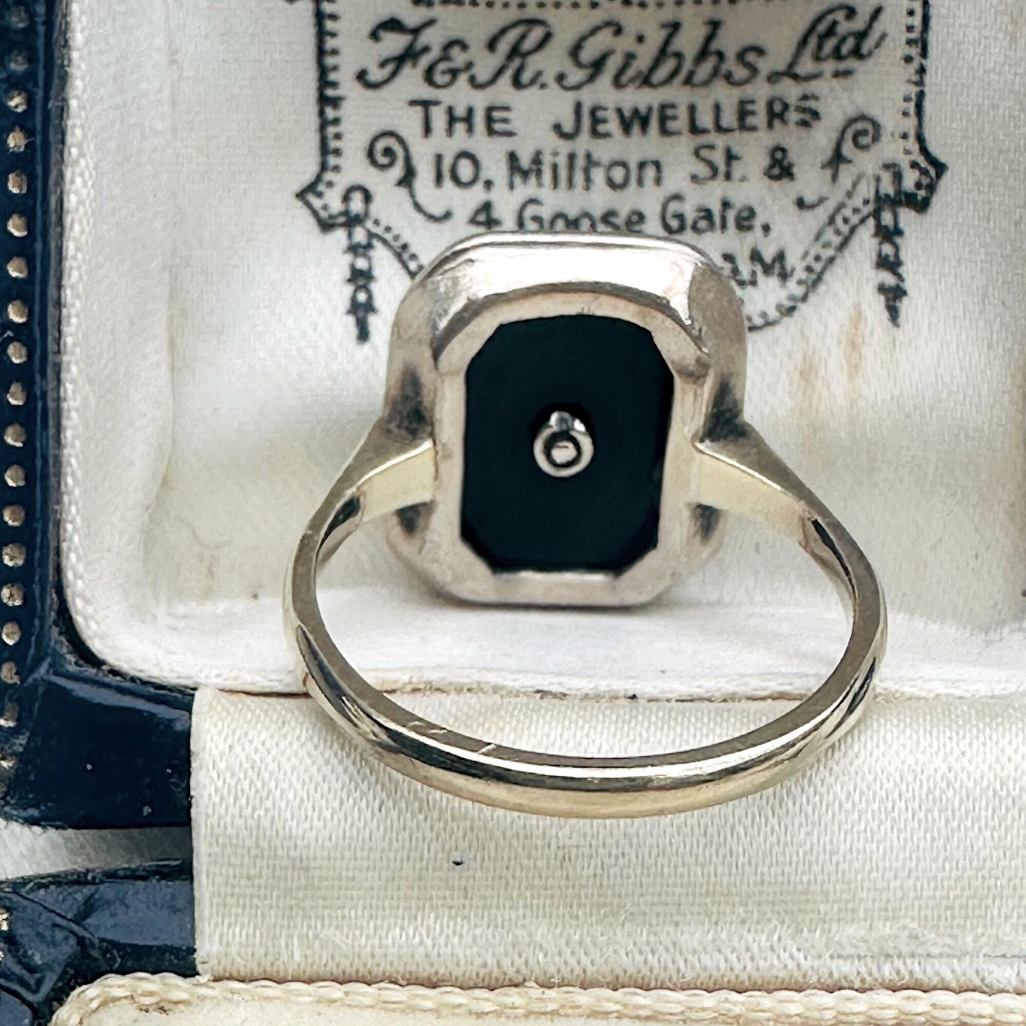Rear view, Art Deco 14k Gold Onyx Diamond Ring – 1930s Vintage Jewelry, in antique box.