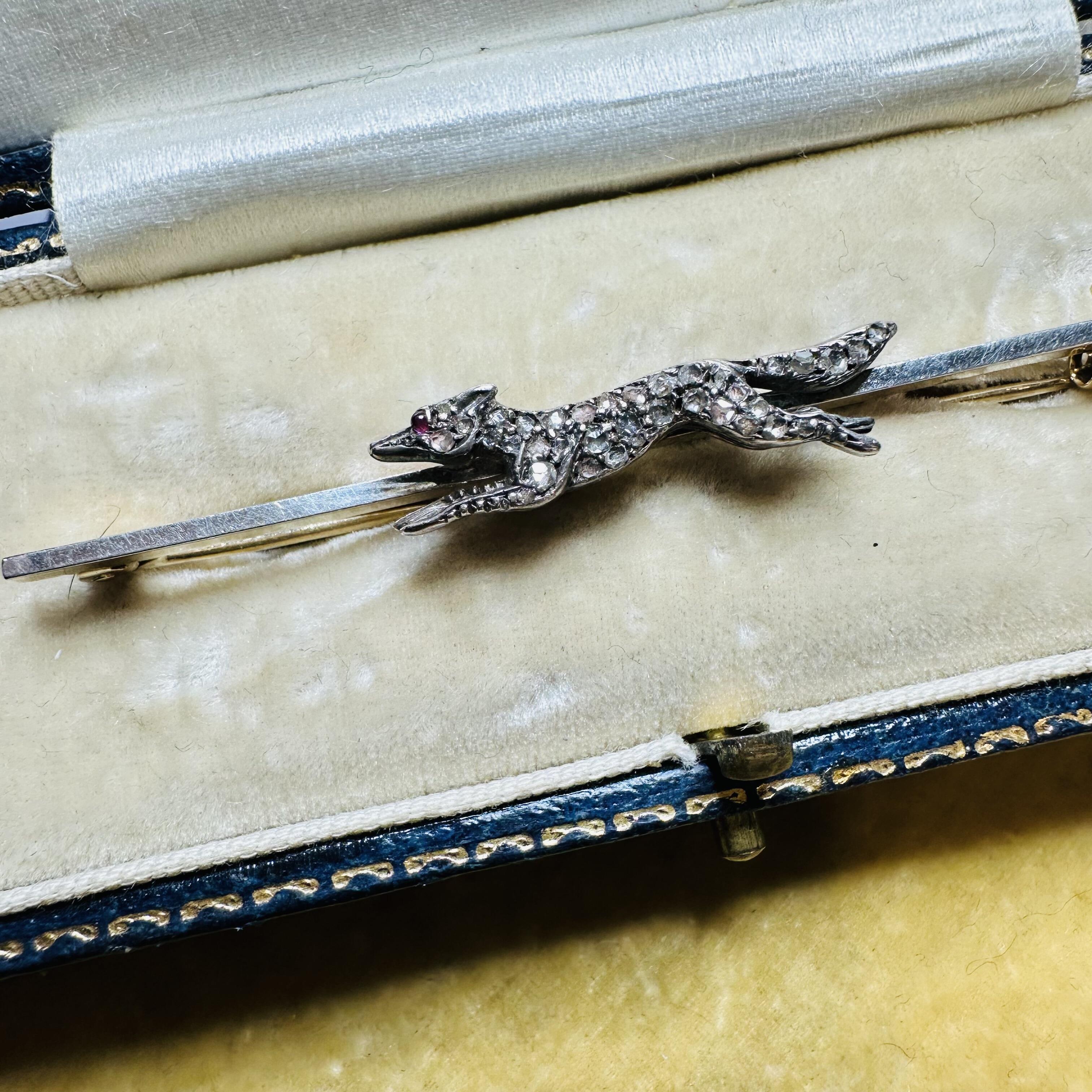 Edwardian Diamond Set Running Fox Brooch in original box