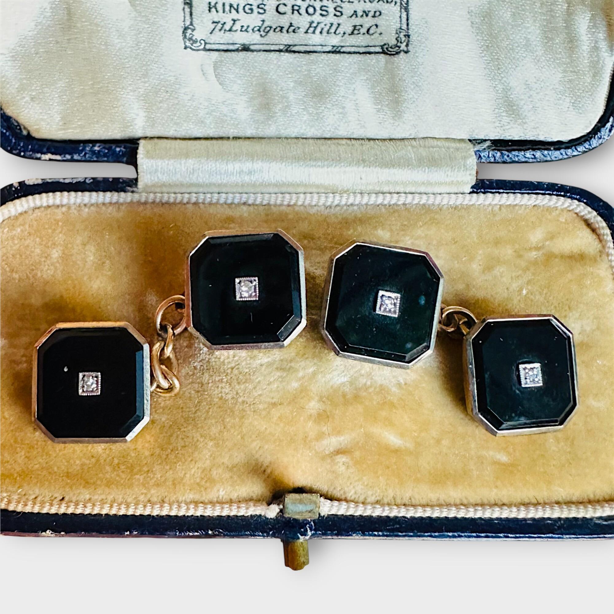 Art Deco 15ct Gold Black Onyx & Diamond Chain-Link Cufflinks, displayed in antique box