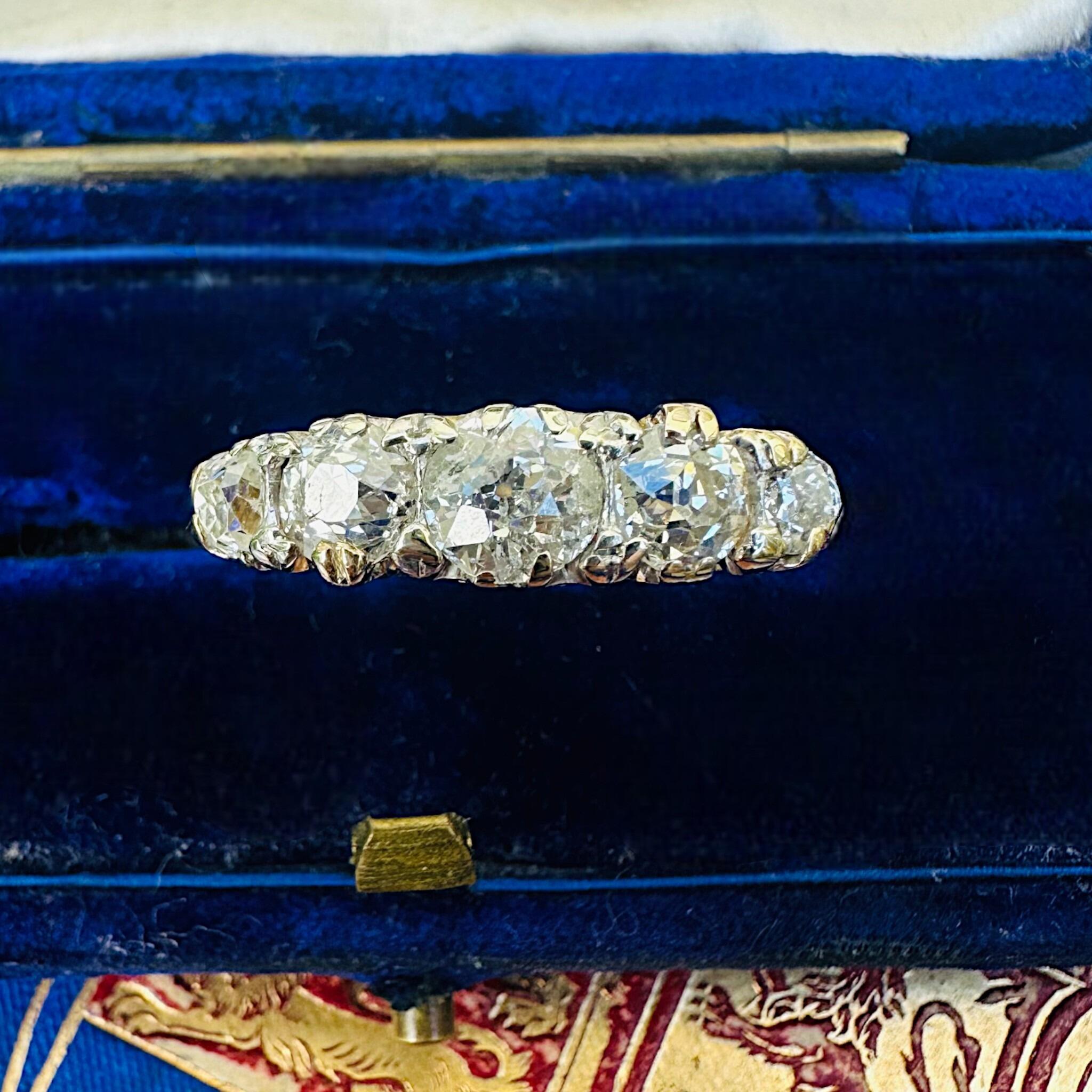 front view, Victorian old-cut Diamond 1.86ct carved hoop ring displayed in antique box