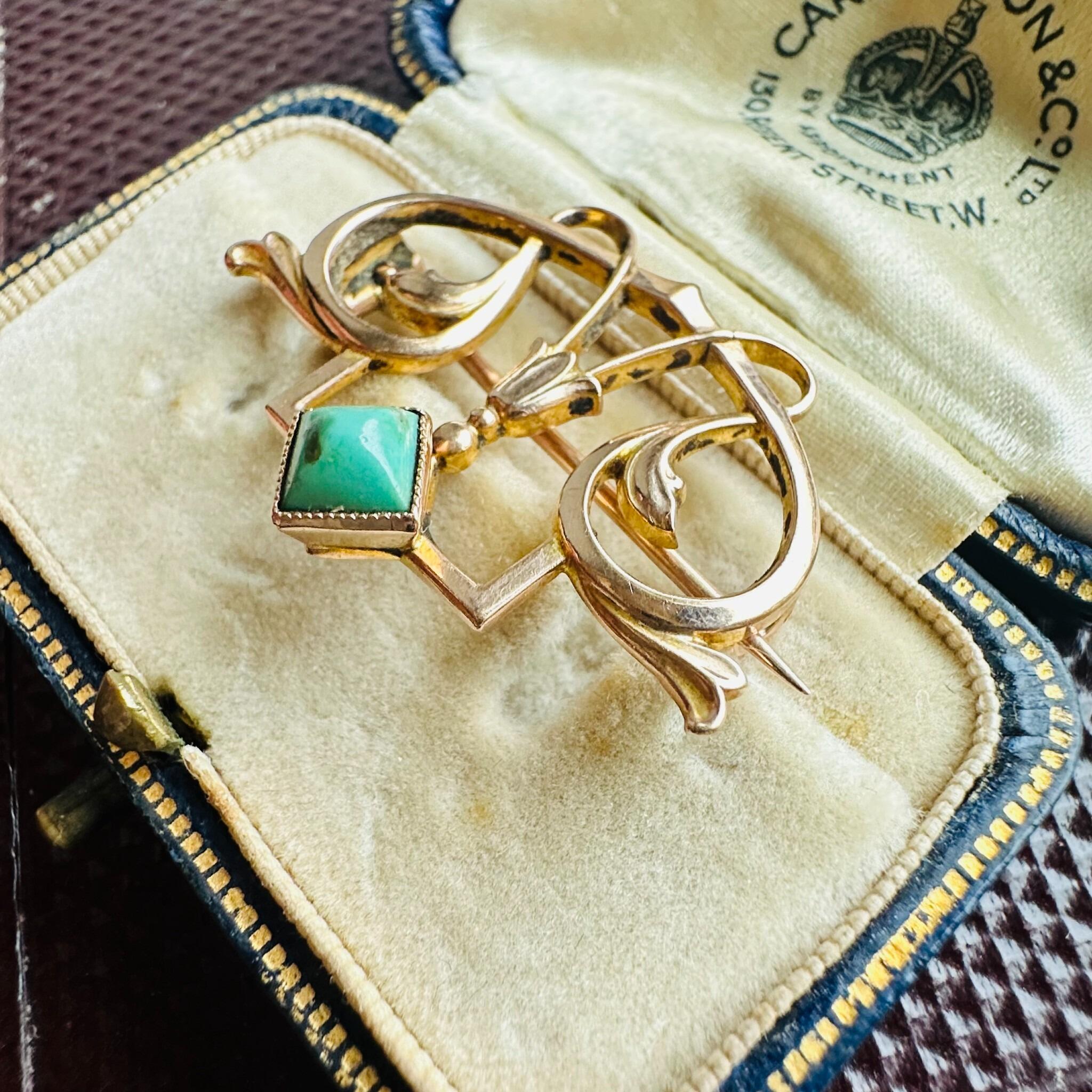 side view, Art Nouveau Jugendstil Turquoise Brooch in 9k Rose Gold, displayed in antique box.