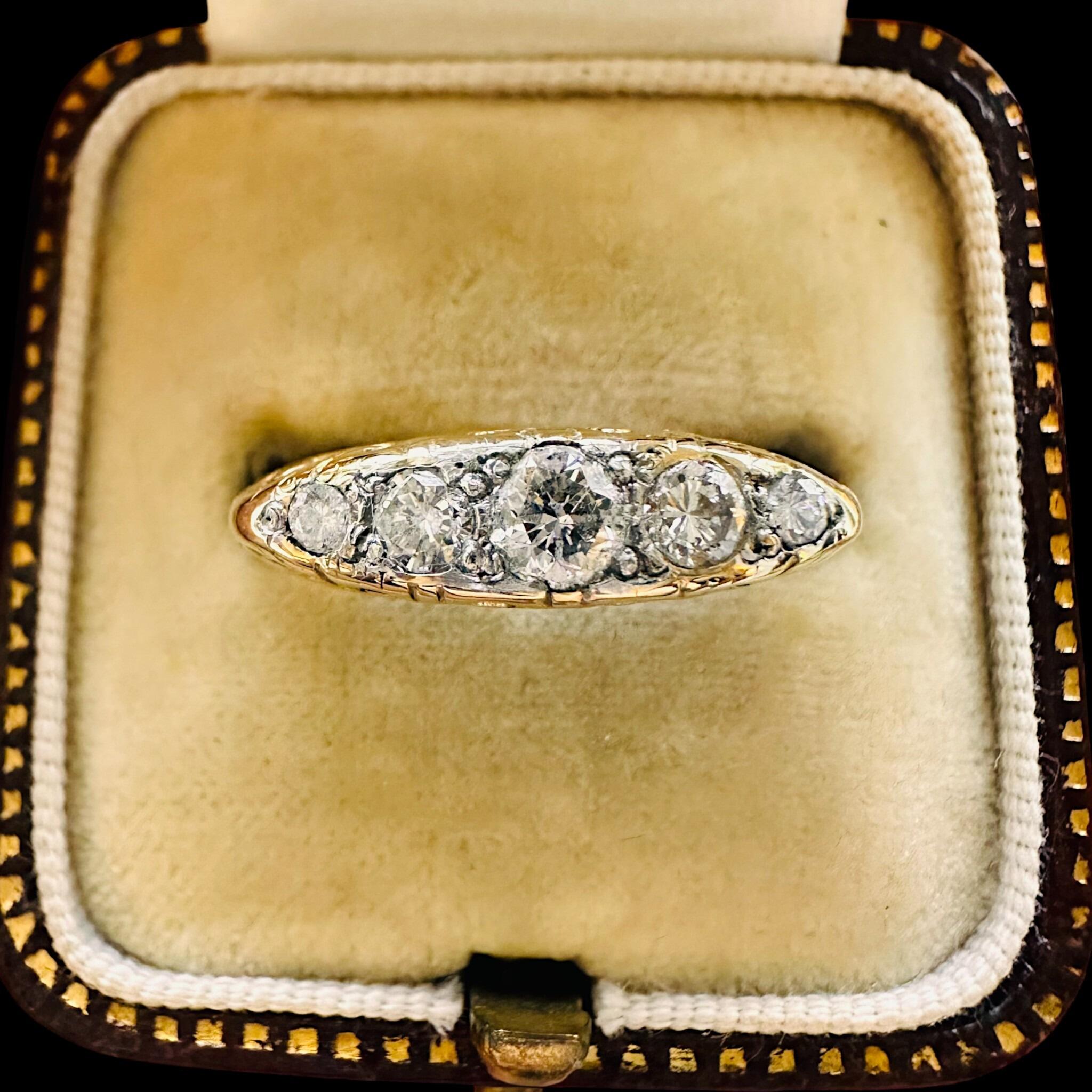 Victorian 18ct Gold Old-Cut Diamond Carved Hoop Ring displayed in antique box.