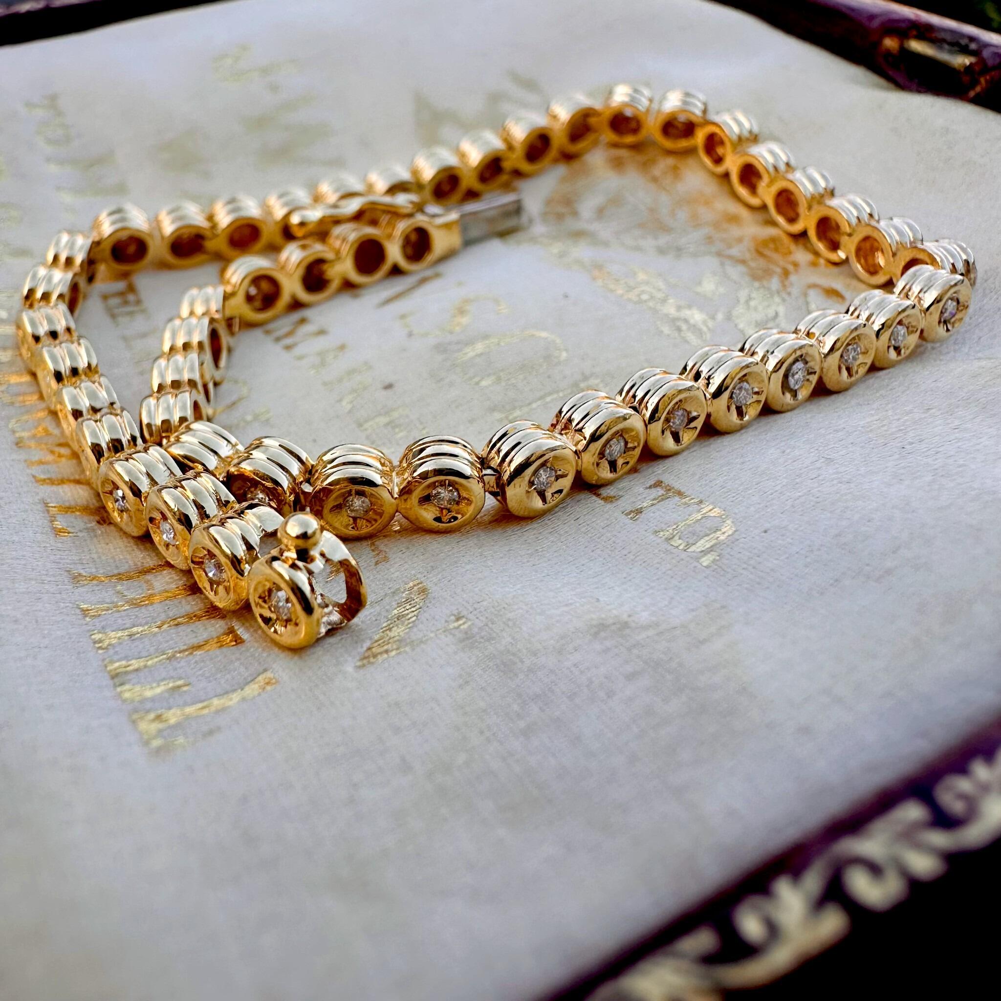 18ct Gold Diamond Line Tennis Bracelet, displayed on antique box
