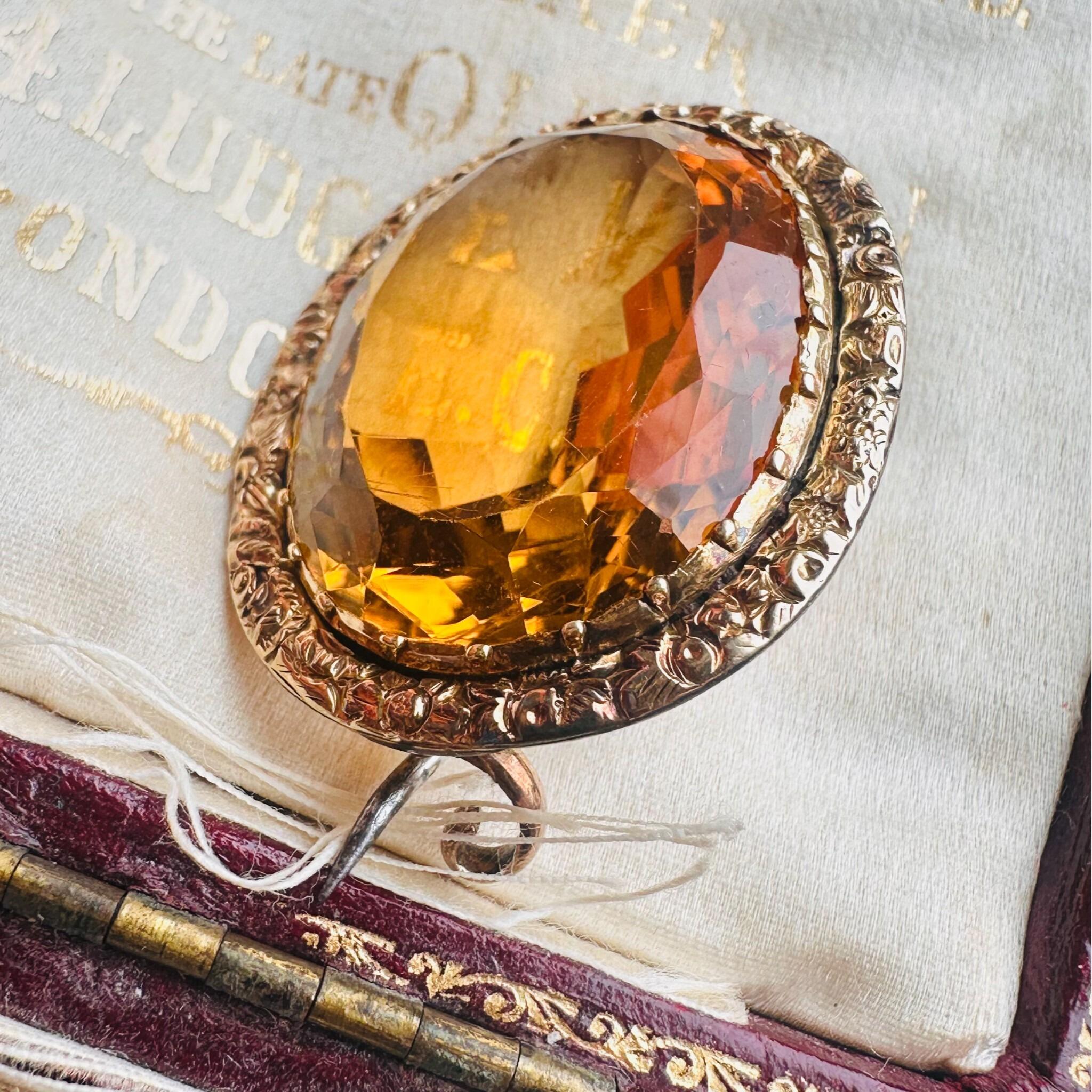 15k Gold large Citrine Brooch, displayed in the antique box.